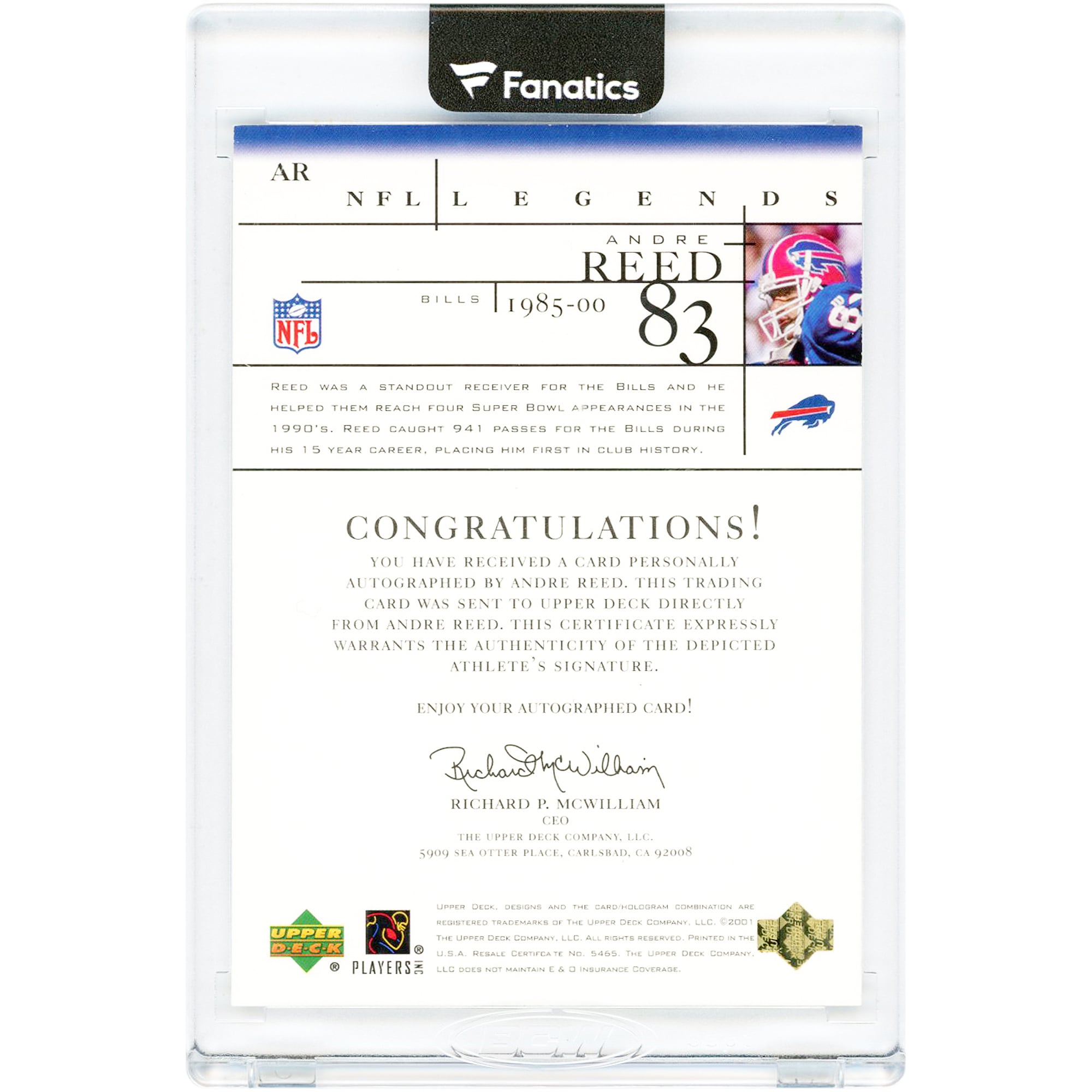 Carte autographiée d'André Reed (Buffalo Bills) de la collection Upper Deck NFL Legends 2001 #AR