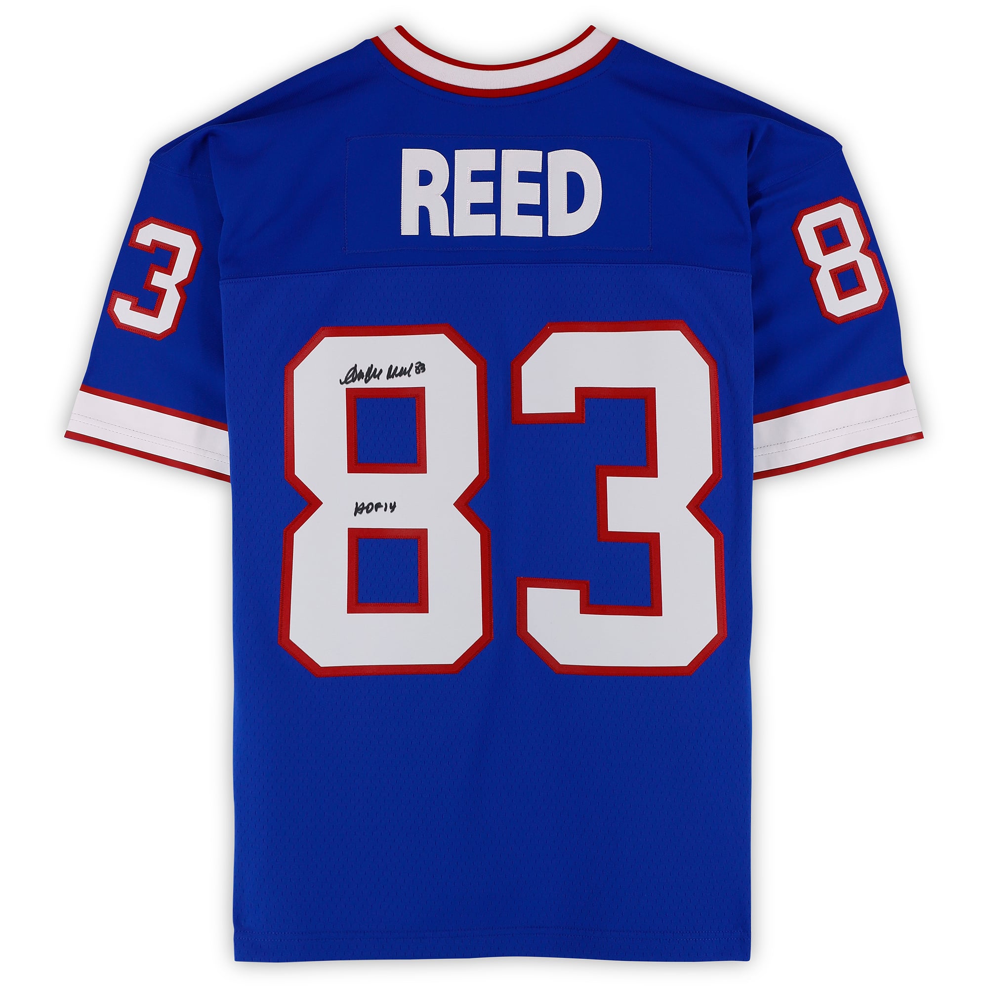 Maillot réplique Royal Mitchell & Ness 1990 autographié par Andre Reed (Buffalo Bills) avec inscription « HOF 14 ».