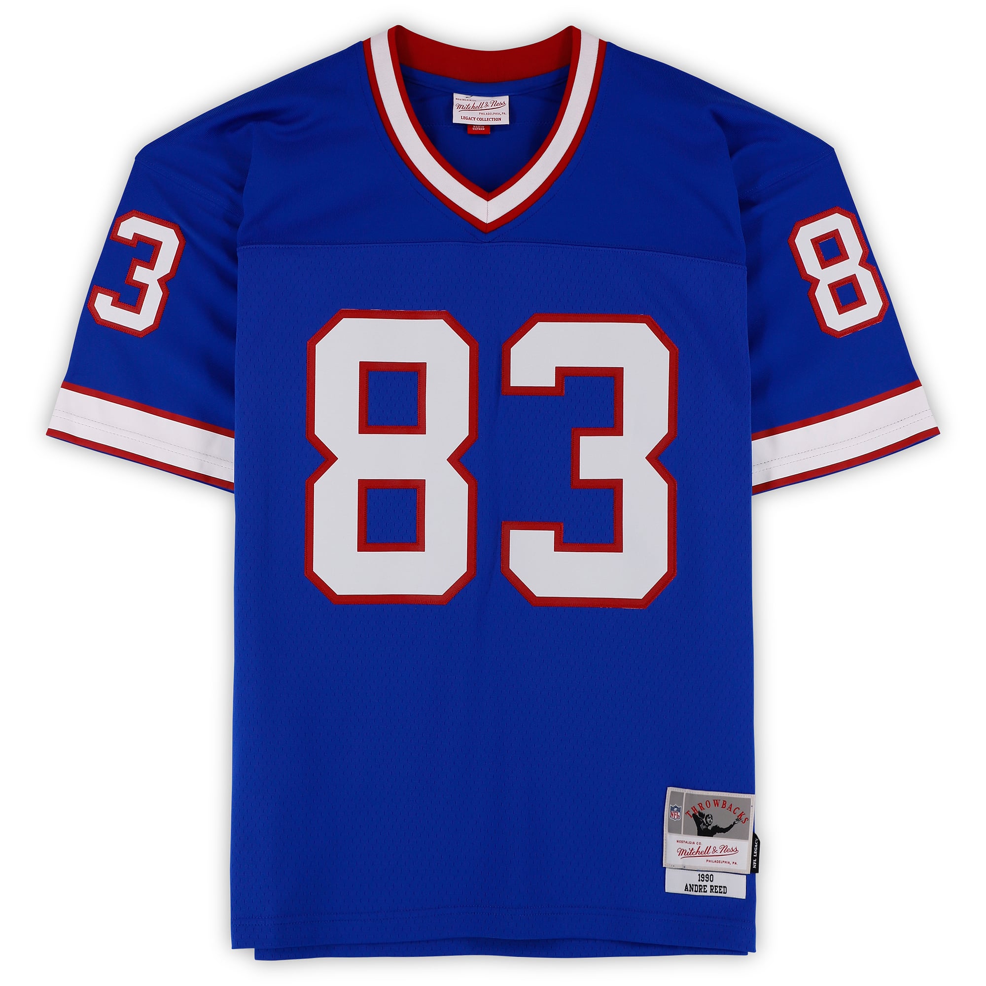 Maillot réplique Royal Mitchell & Ness 1990 autographié par Andre Reed (Buffalo Bills) avec inscription « HOF 14 ».