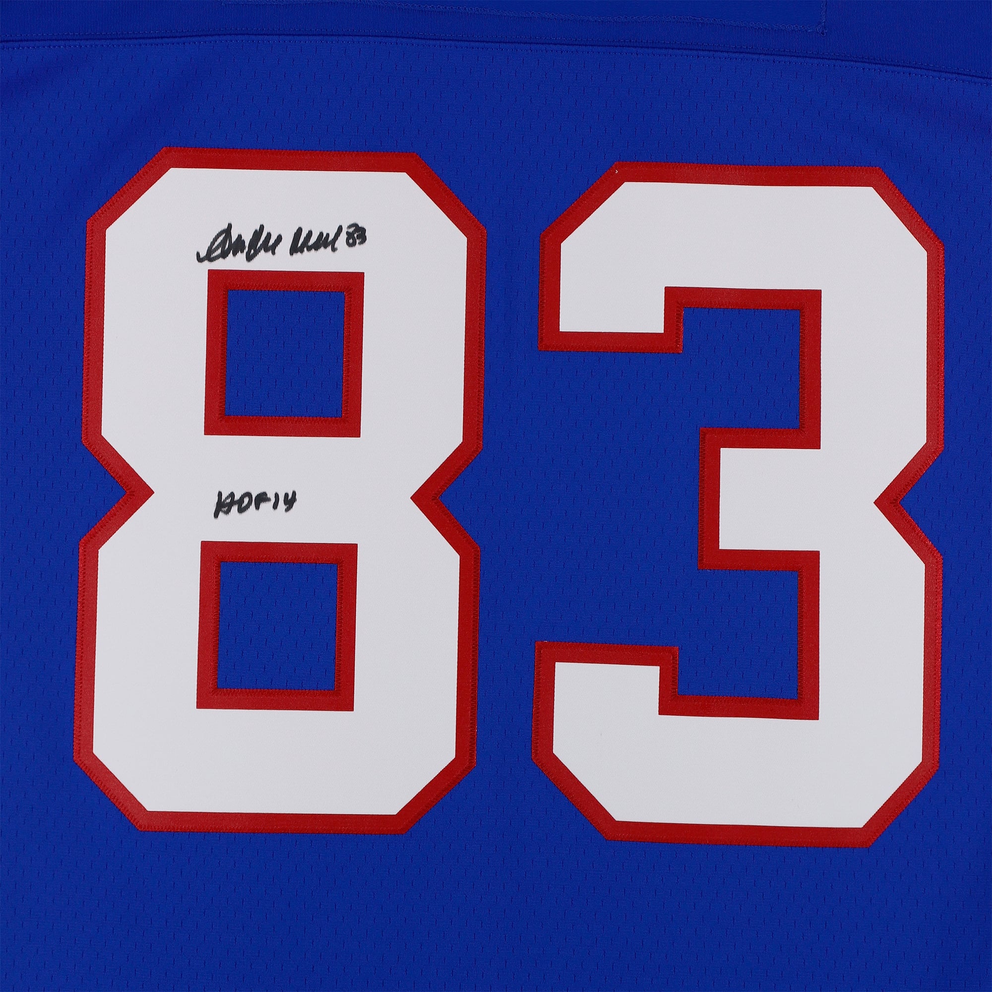 Maillot réplique Royal Mitchell & Ness 1990 autographié par Andre Reed (Buffalo Bills) avec inscription « HOF 14 ».