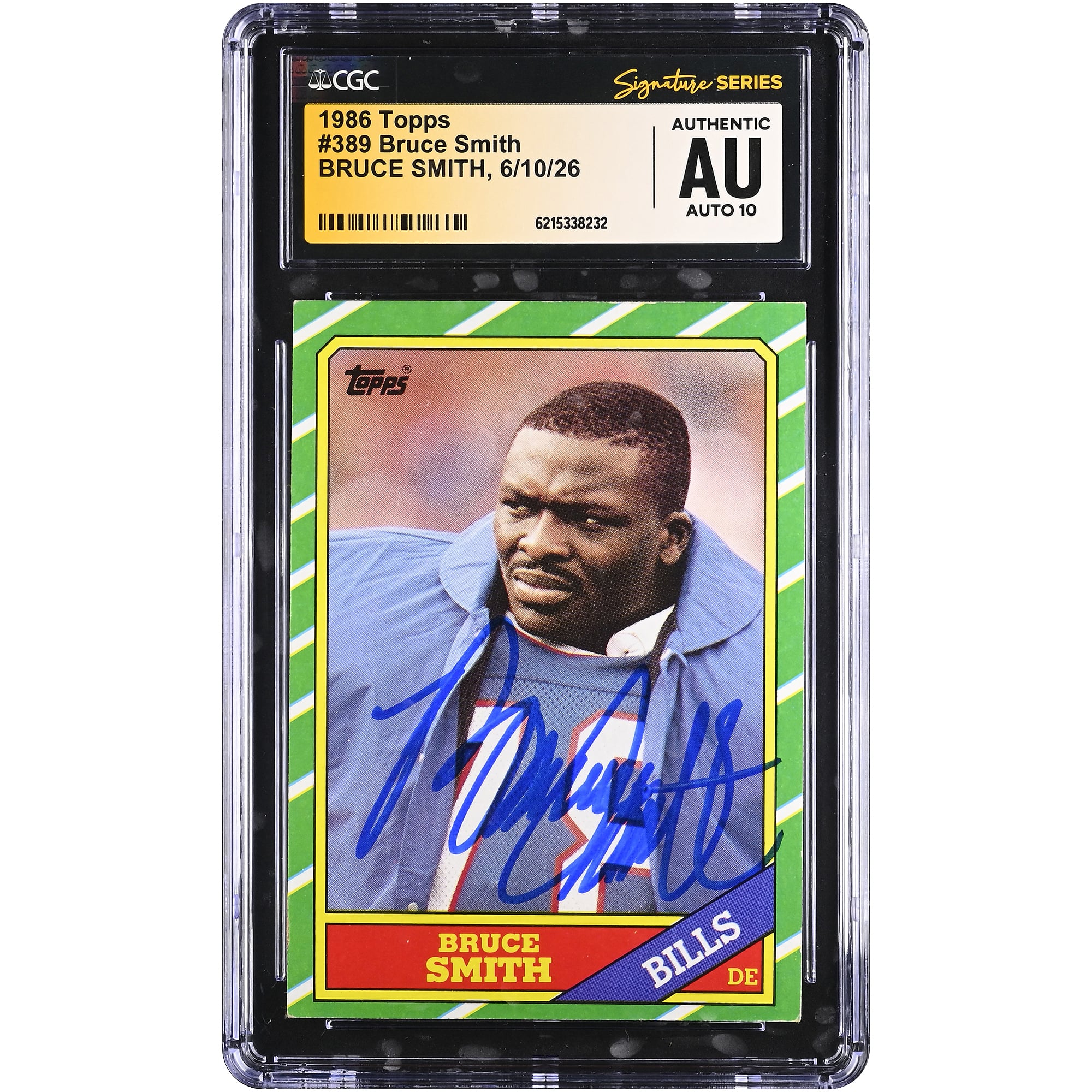 Carte de recrue autographiée de Bruce Smith (Buffalo Bills) de 1986, Topps n° 389