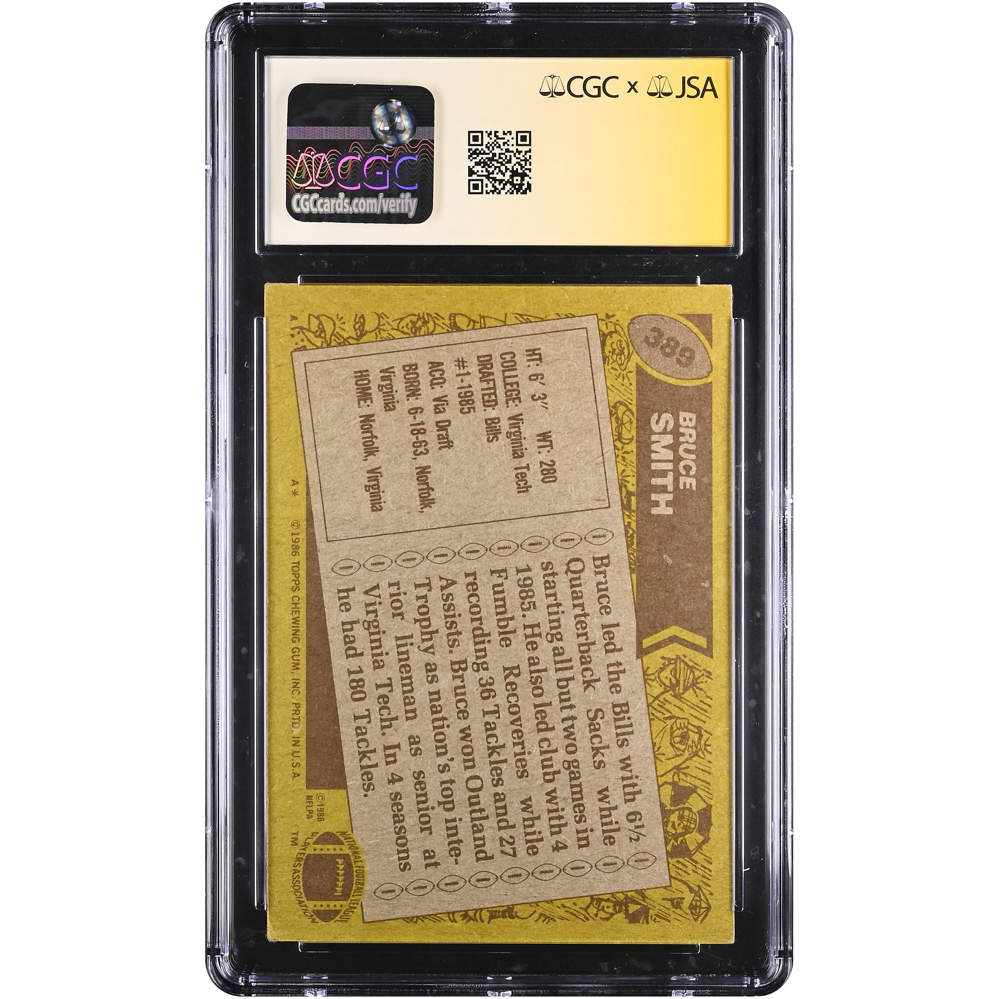 Bruce Smith Buffalo Bills Autographed 1986 Topps #389 CGC Fanatics Witnessed Authenticated Rookie Card