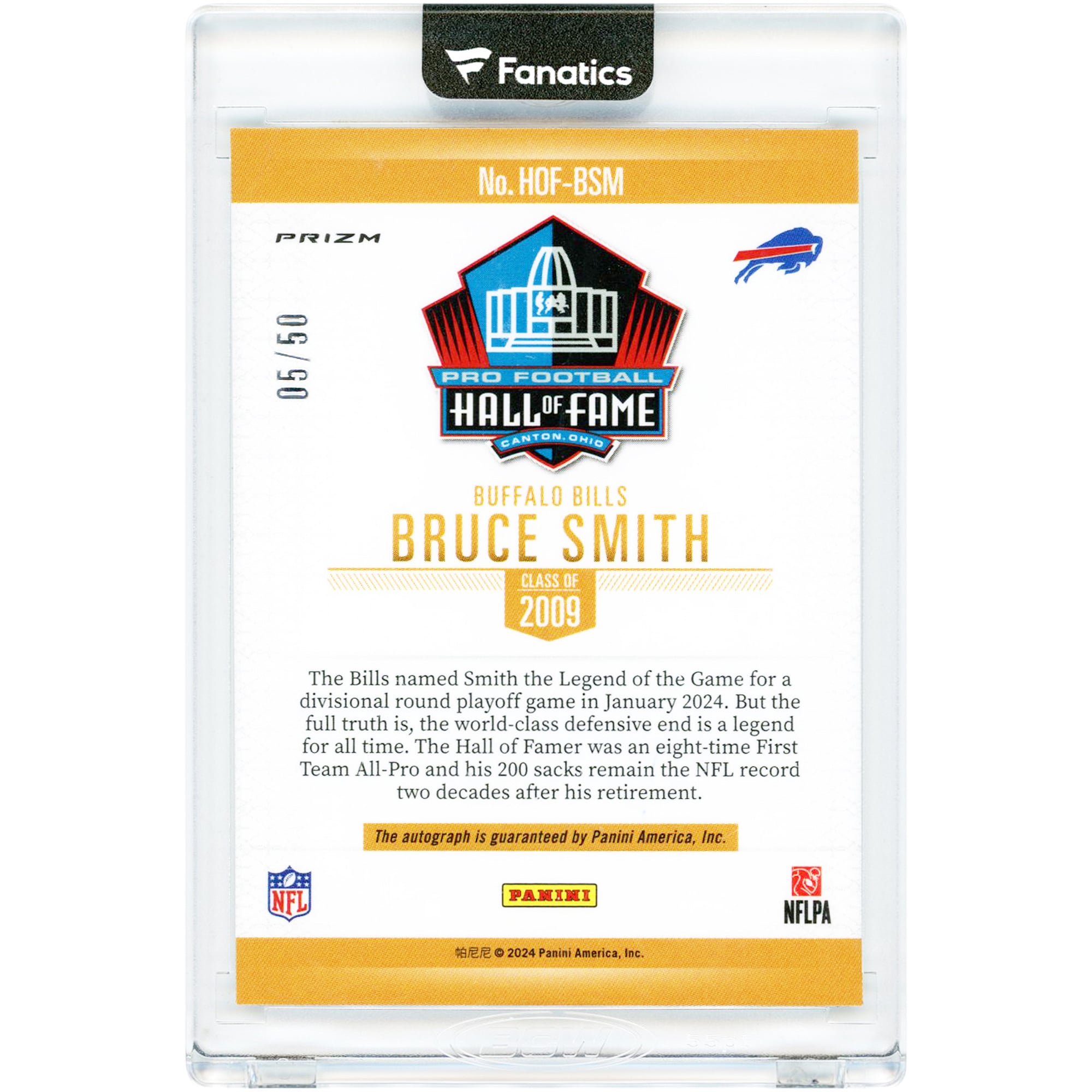 Carte autographiée Bruce Smith des Buffalo Bills 2024 Panini Hall Of Fame #HOF-BSM #5/50