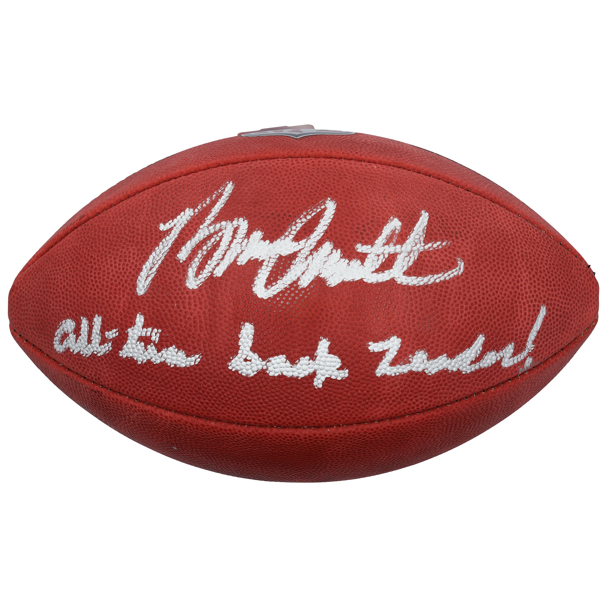Ballon de football américain Duke en couleurs, autographié par Bruce Smith des Buffalo Bills, avec inscription « Meilleur sackeur de tous les temps ».