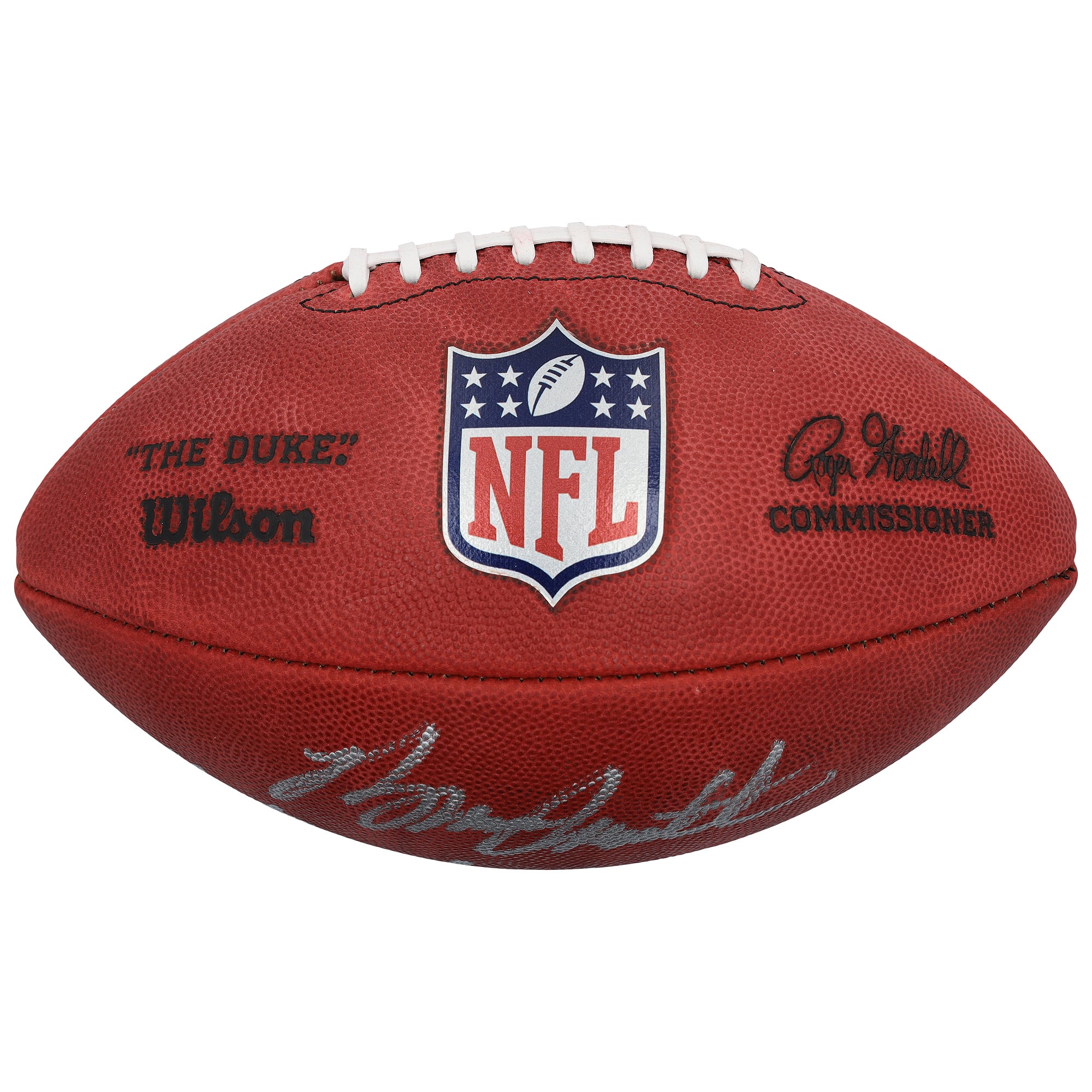 Ballon de football américain Duke en couleurs, autographié par Bruce Smith des Buffalo Bills, avec inscription « Meilleur sackeur de tous les temps ».