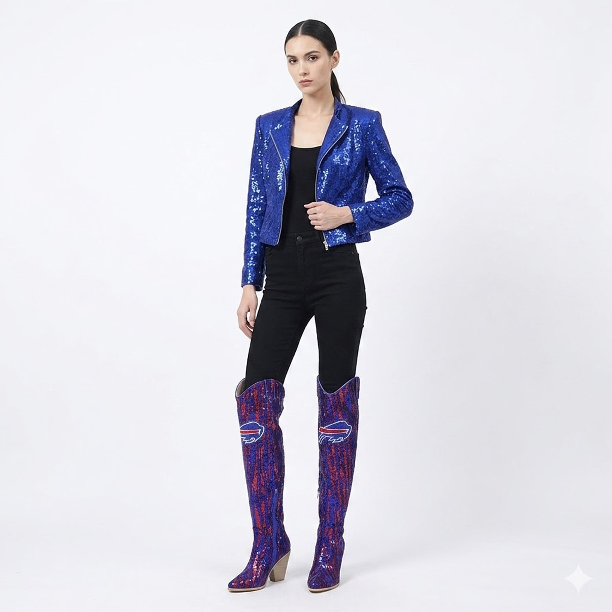 FABGATING by Cuce  Buffalo Bills Over-the-Knee Two-Tone Sequin Boots