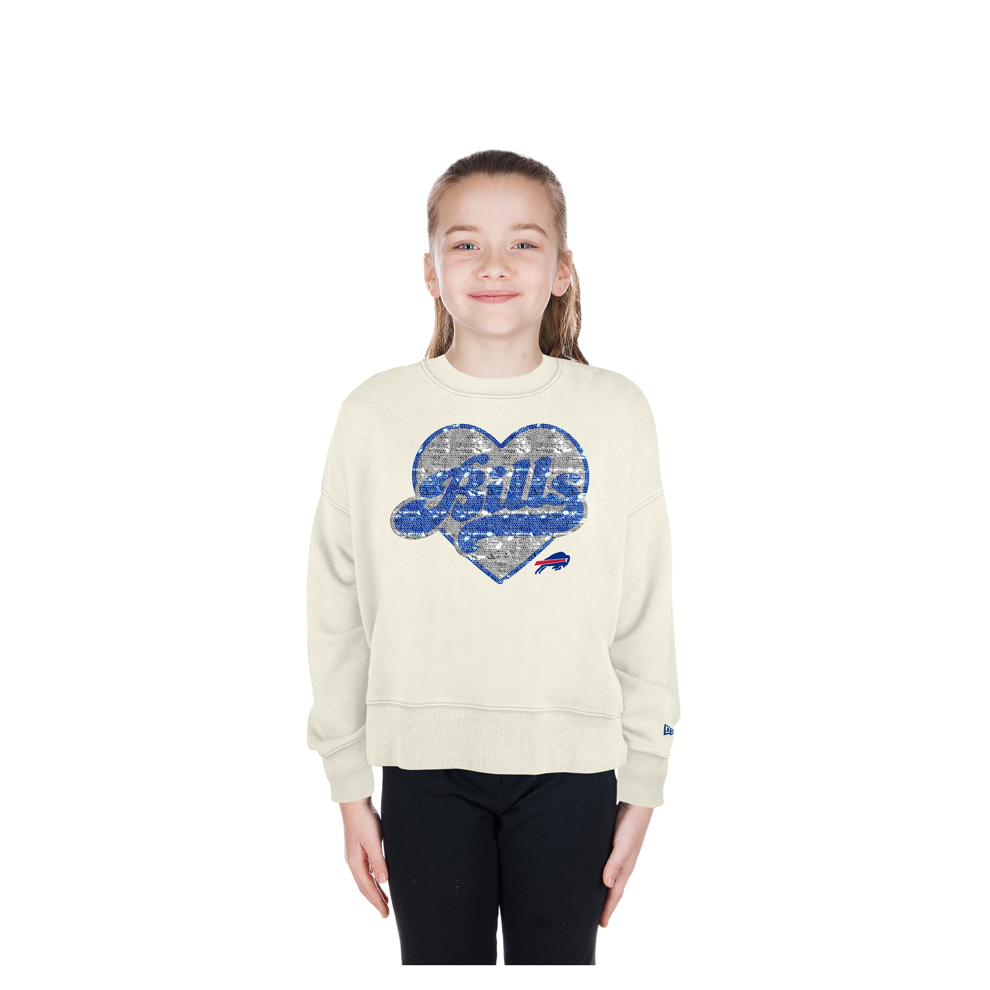 Sweat-shirt à sequins réversibles New Era beige clair pour filles, col rond, motif Buffalo Bills.