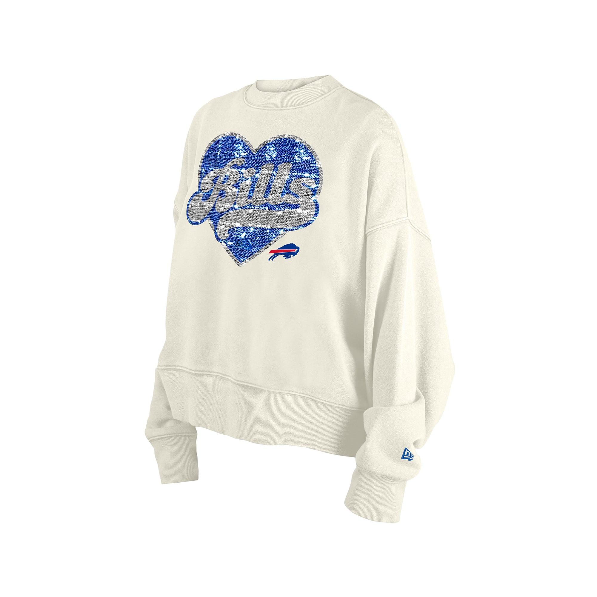 Sweat-shirt à sequins réversibles New Era beige clair pour filles, col rond, motif Buffalo Bills.