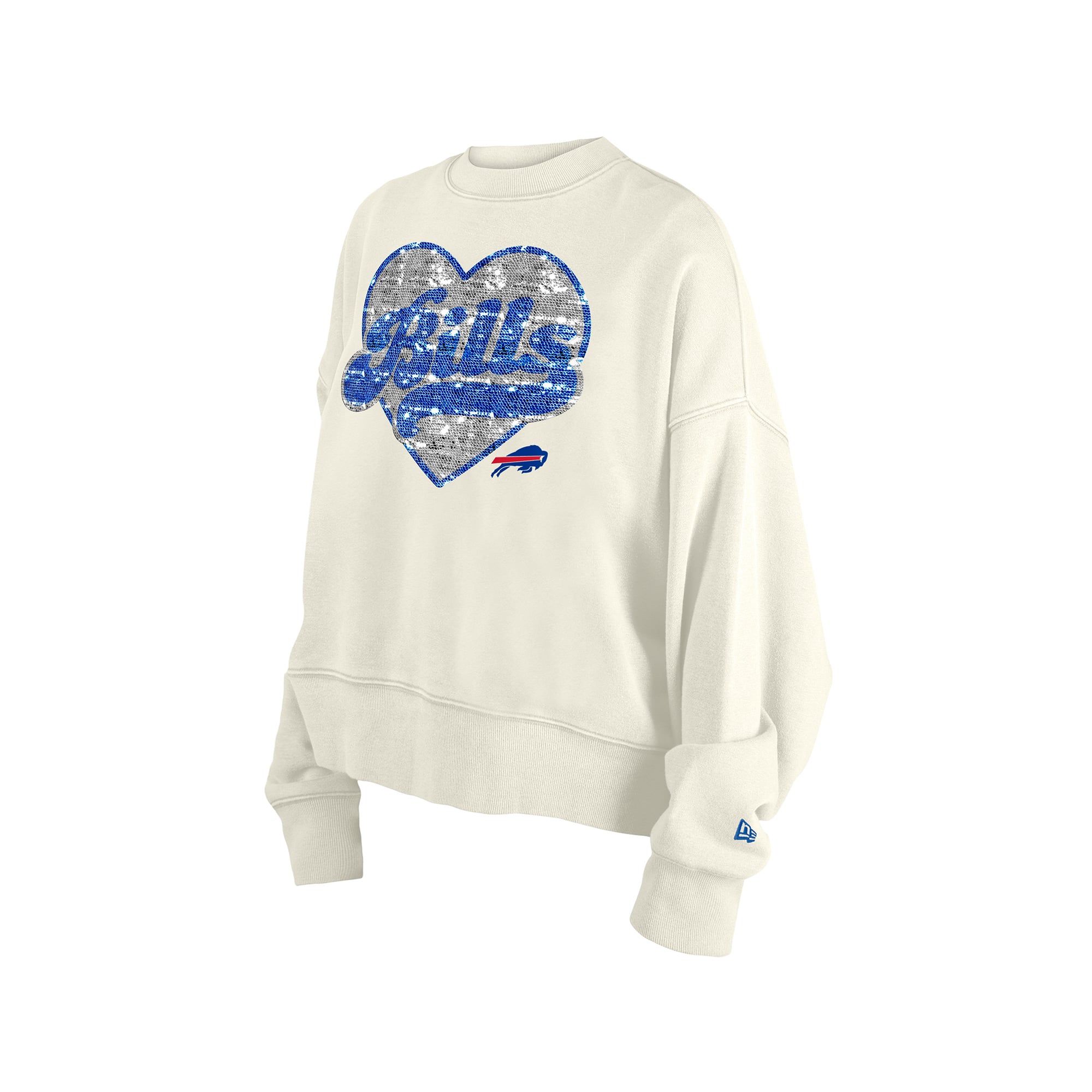 Sweat-shirt à sequins réversibles New Era beige clair pour filles, col rond, motif Buffalo Bills.
