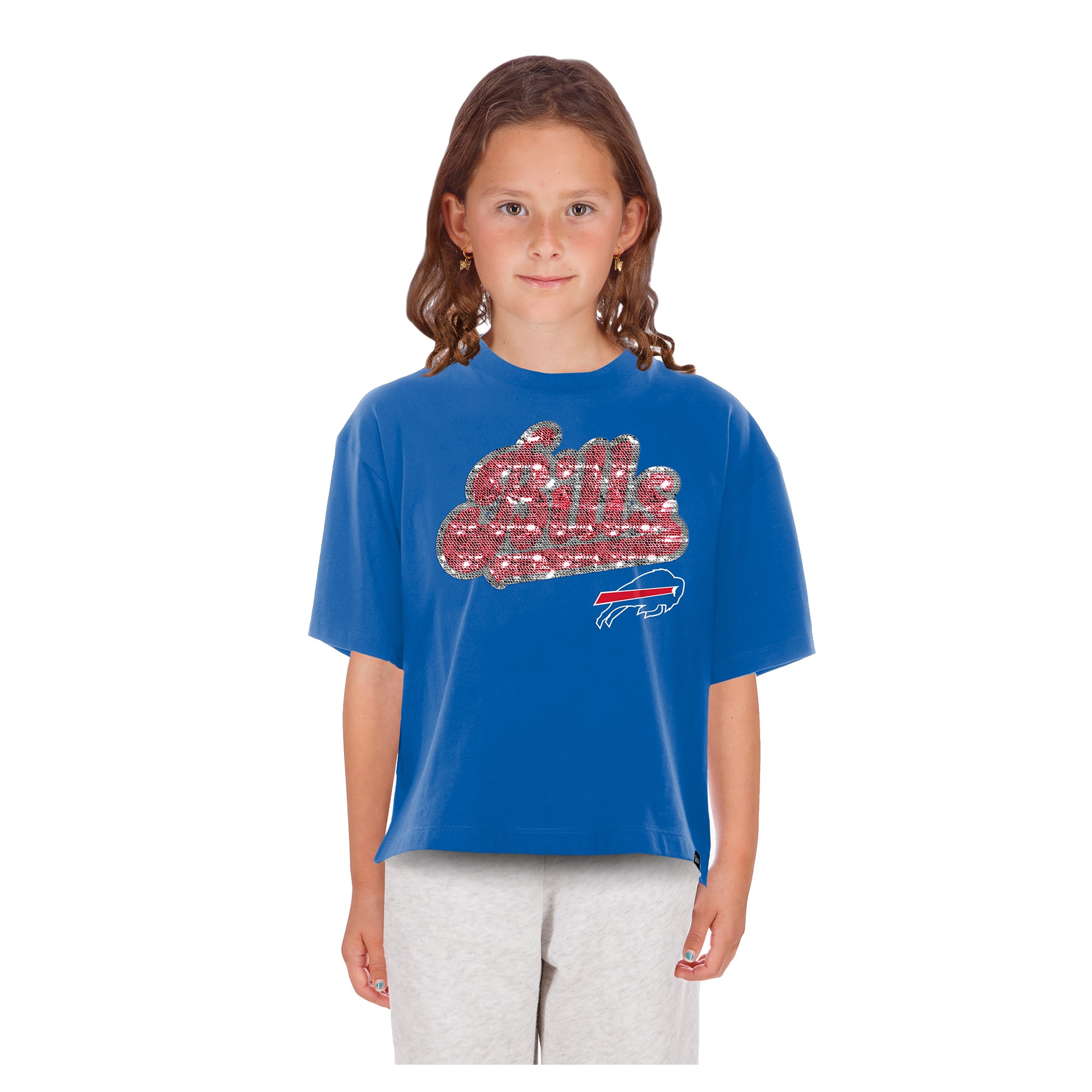 Girls Youth New Era  Royal Buffalo Bills Flip Sequin Boxy T-Shirt