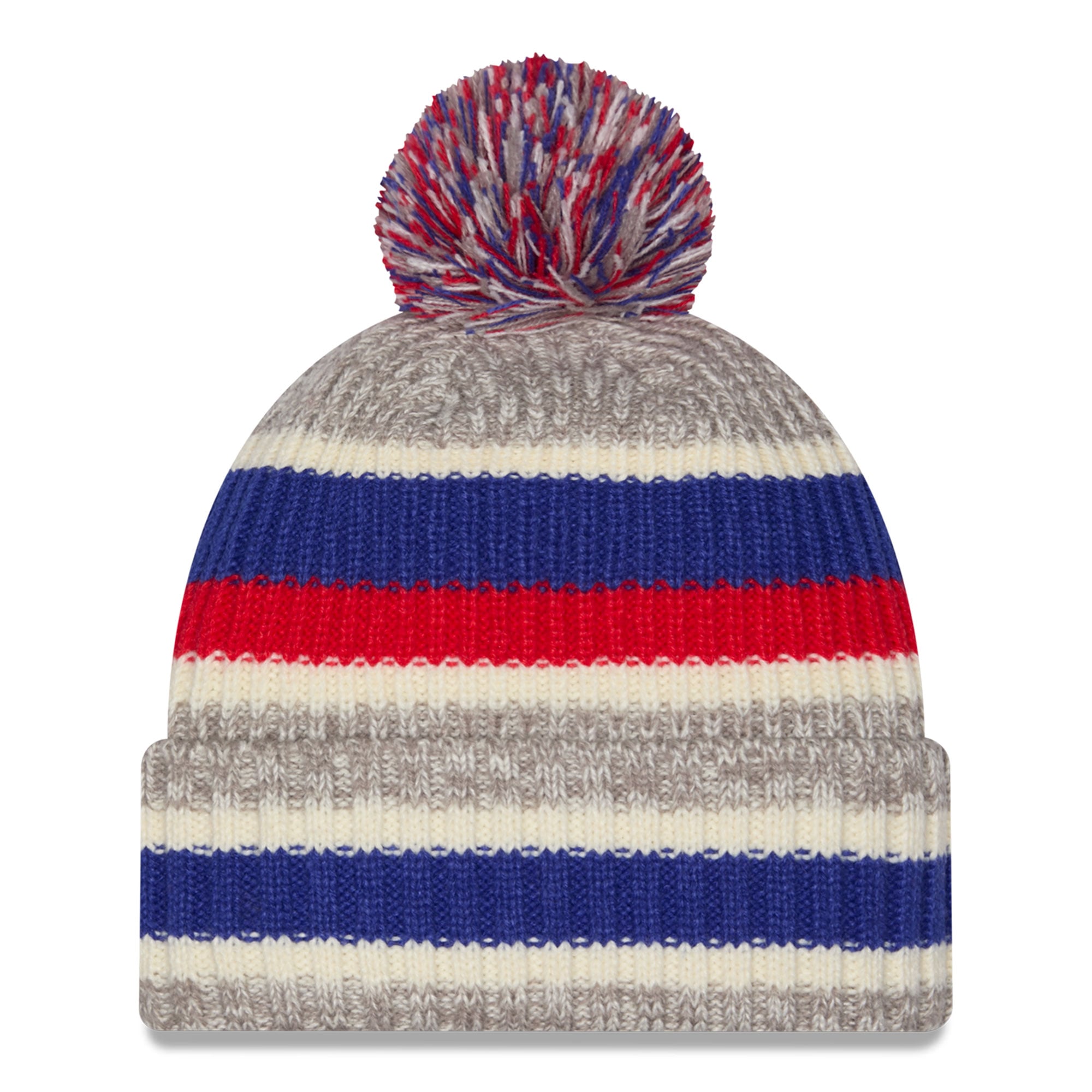 Bonnet à revers rayé Buffalo Bills New Era bleu roi/beige pour fille avec pompon