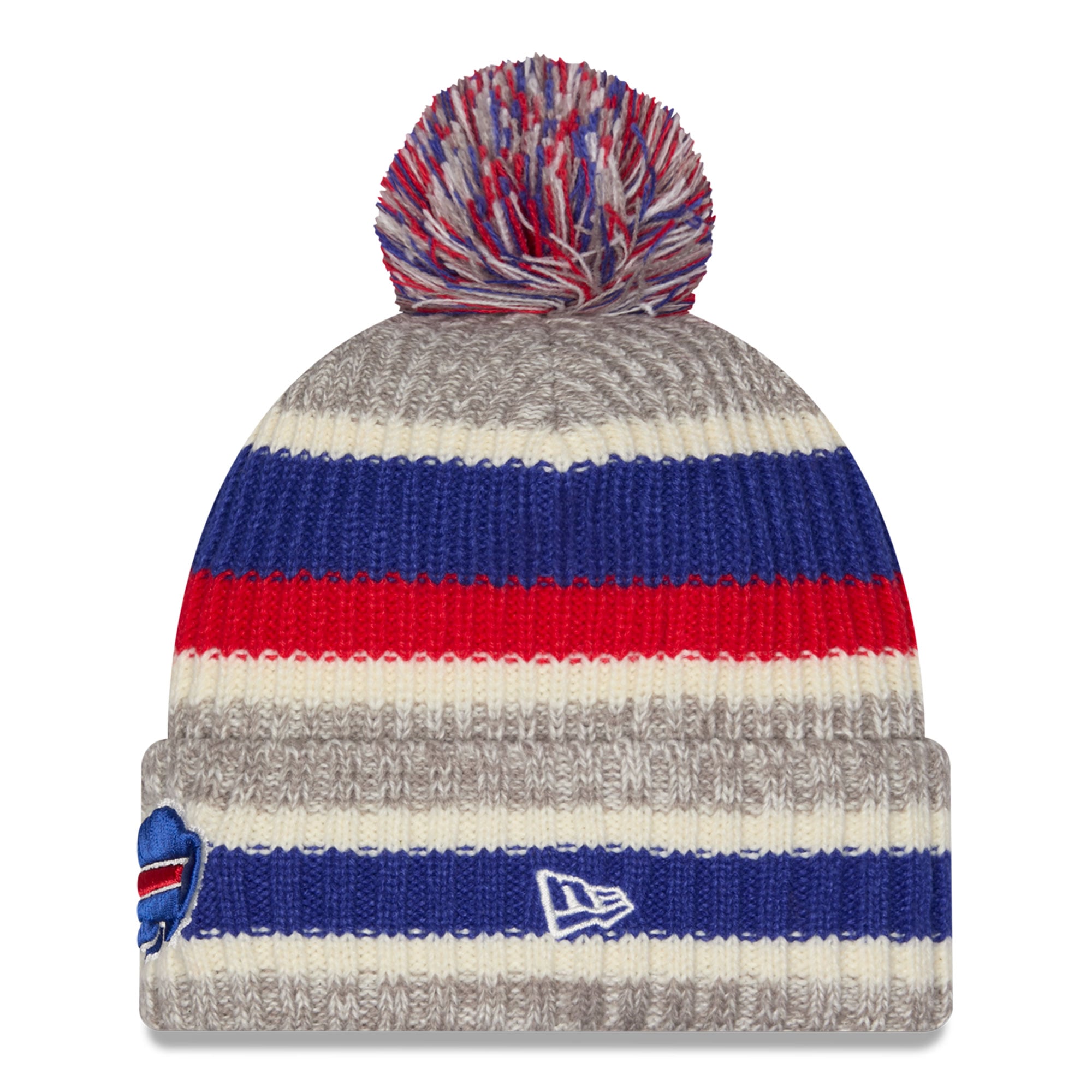 Bonnet à revers rayé Buffalo Bills New Era bleu roi/beige pour fille avec pompon