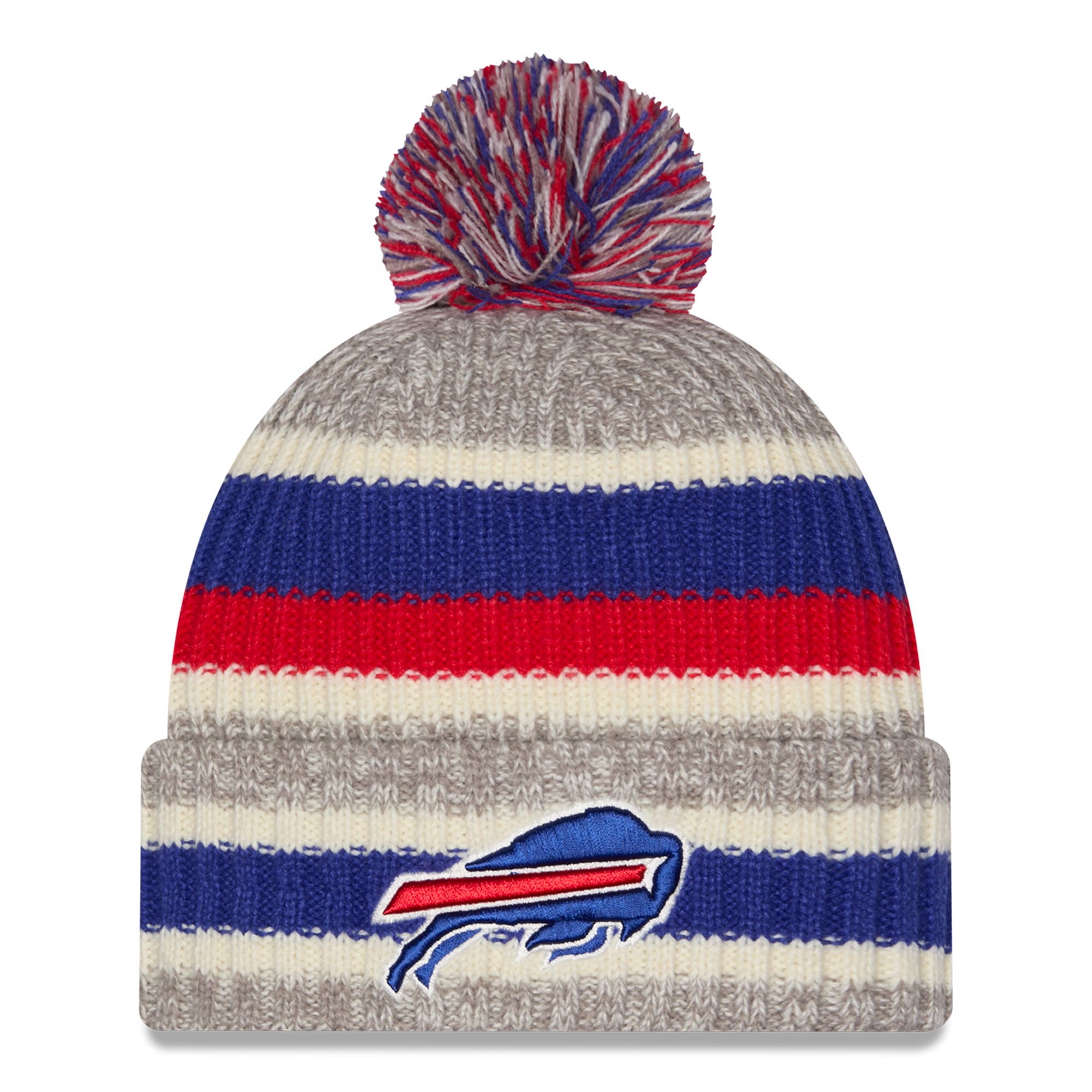 Bonnet à revers rayé Buffalo Bills New Era bleu roi/beige pour fille avec pompon