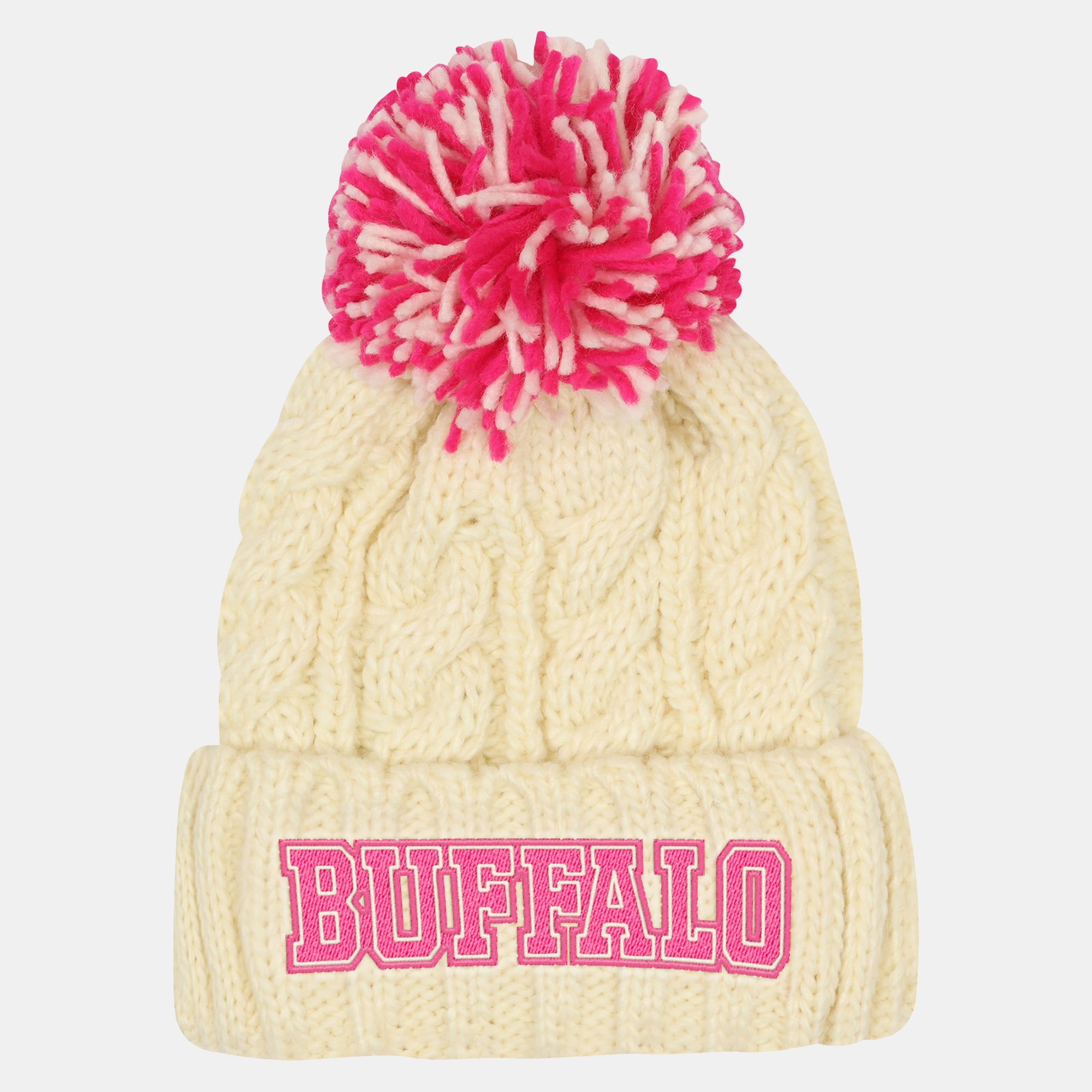 Girls Youth Outerstuff Cream Buffalo Bills Cable Cuffed Knit Hat with Pom