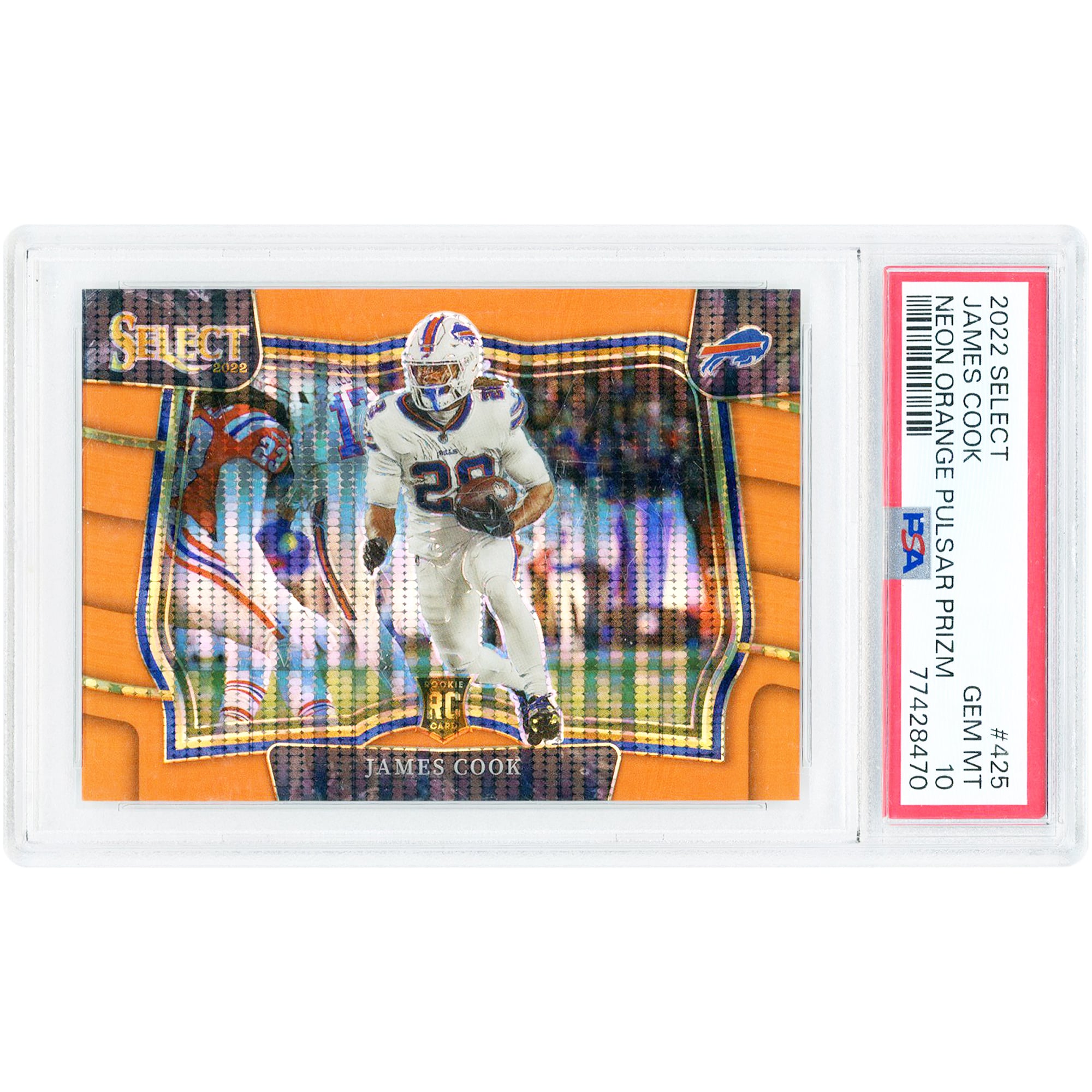 James Cook Buffalo Bills 2022 Panini Select Neon Orange Pulsar Prizm #425 #6/7 PSA Authenticated 10 Card