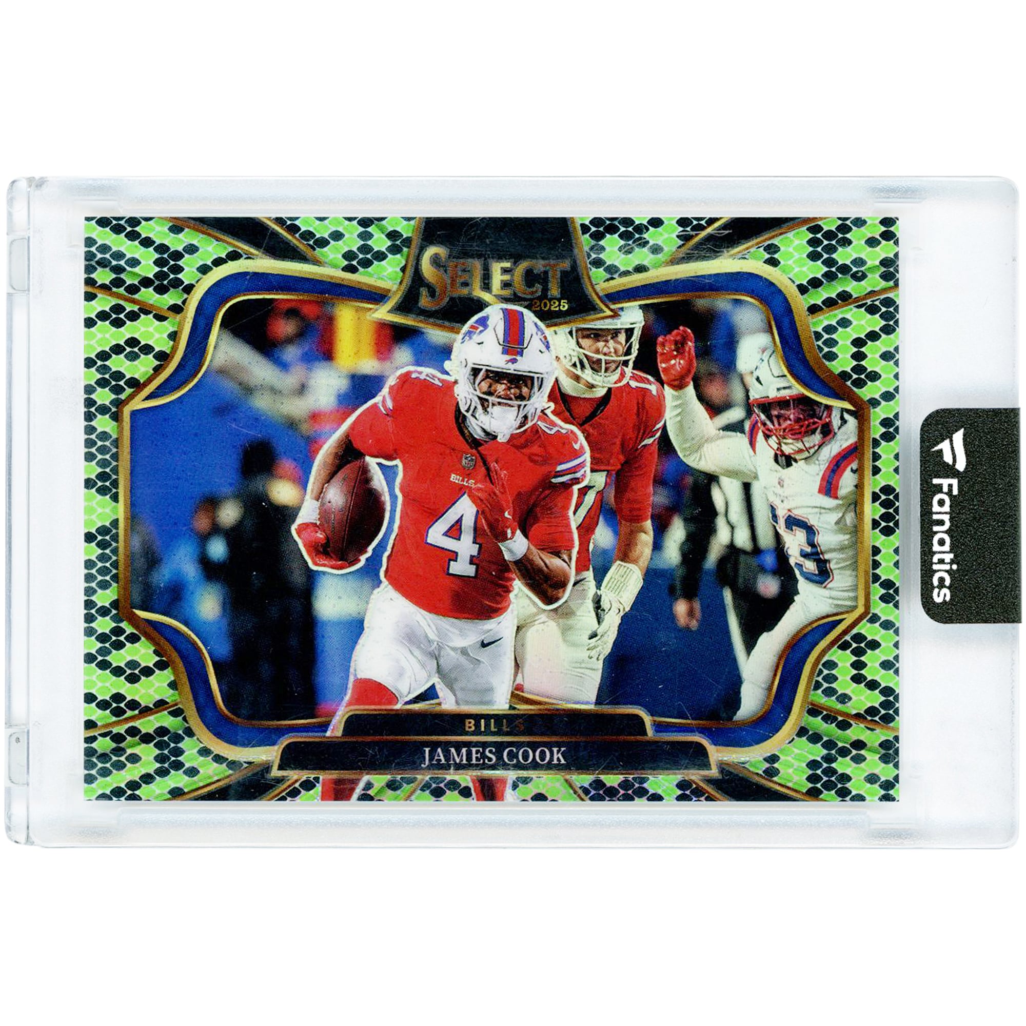 Carte James Cook Buffalo Bills 2025 Panini Select Neon Green Snakeskin Prizm n° 484 n° 1/2