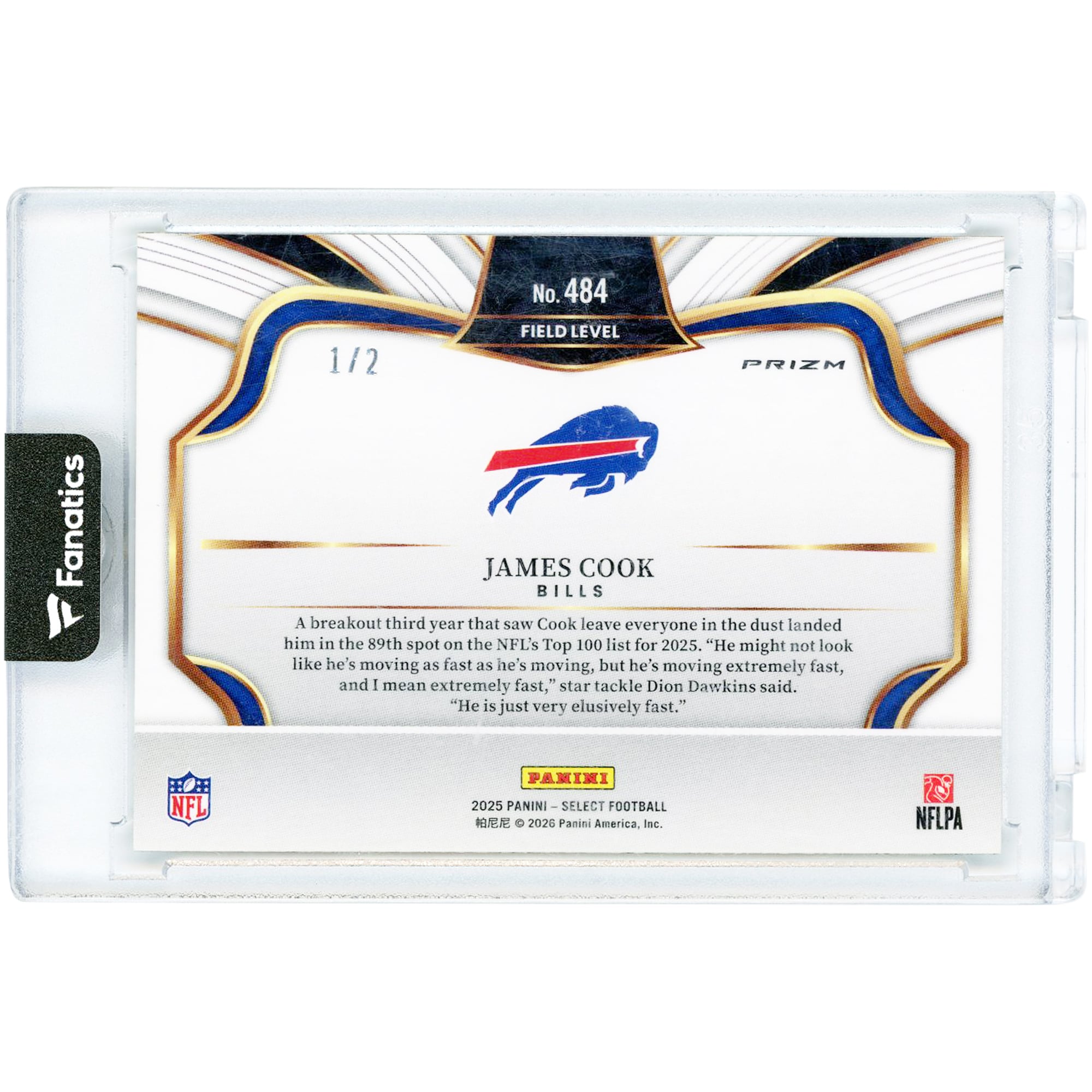 Carte James Cook Buffalo Bills 2025 Panini Select Neon Green Snakeskin Prizm n° 484 n° 1/2