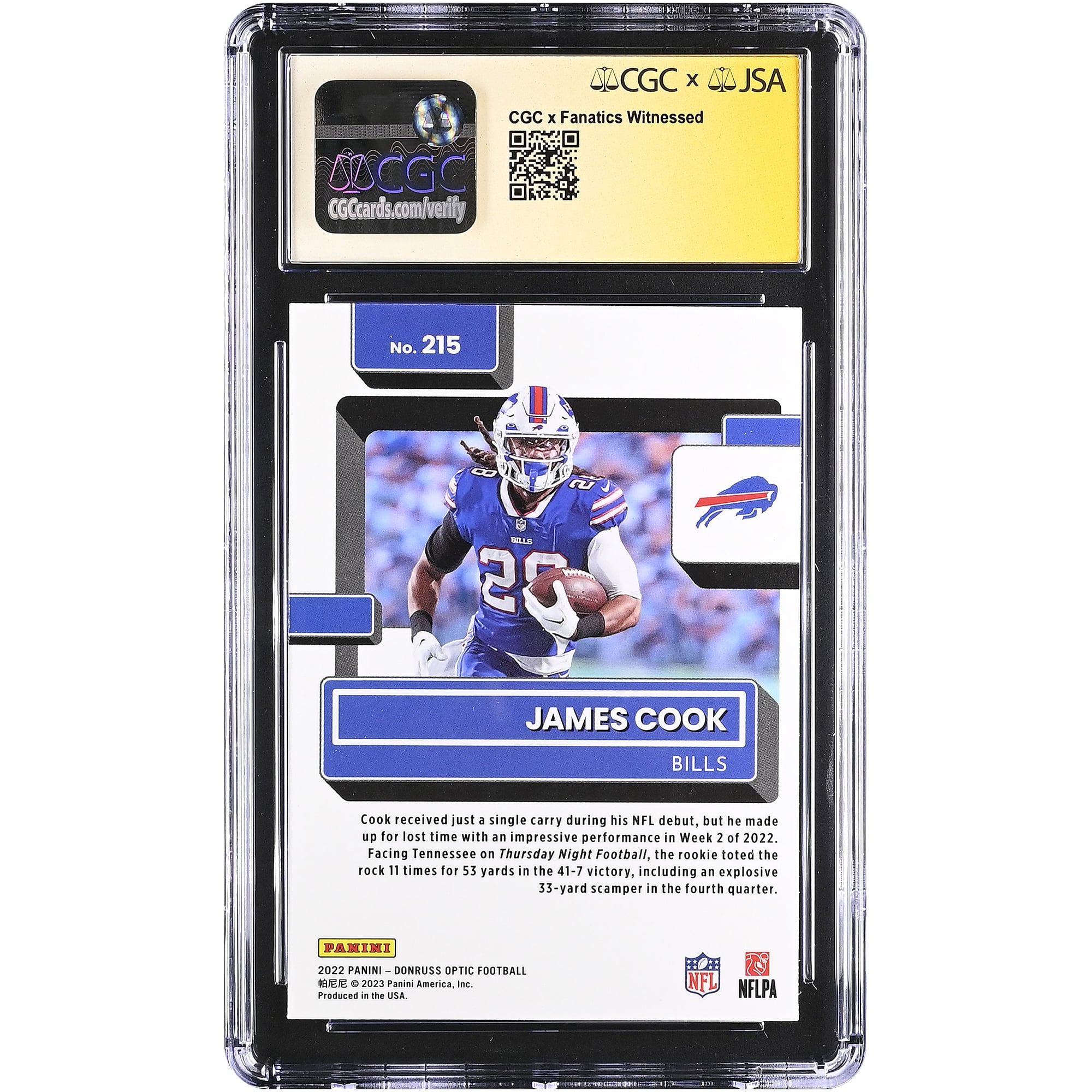 James Cook Buffalo Bills Autographed 2022 Donruss Optic #215 CGC Fanatics Witnessed Authenticated 10/10 Rookie Card