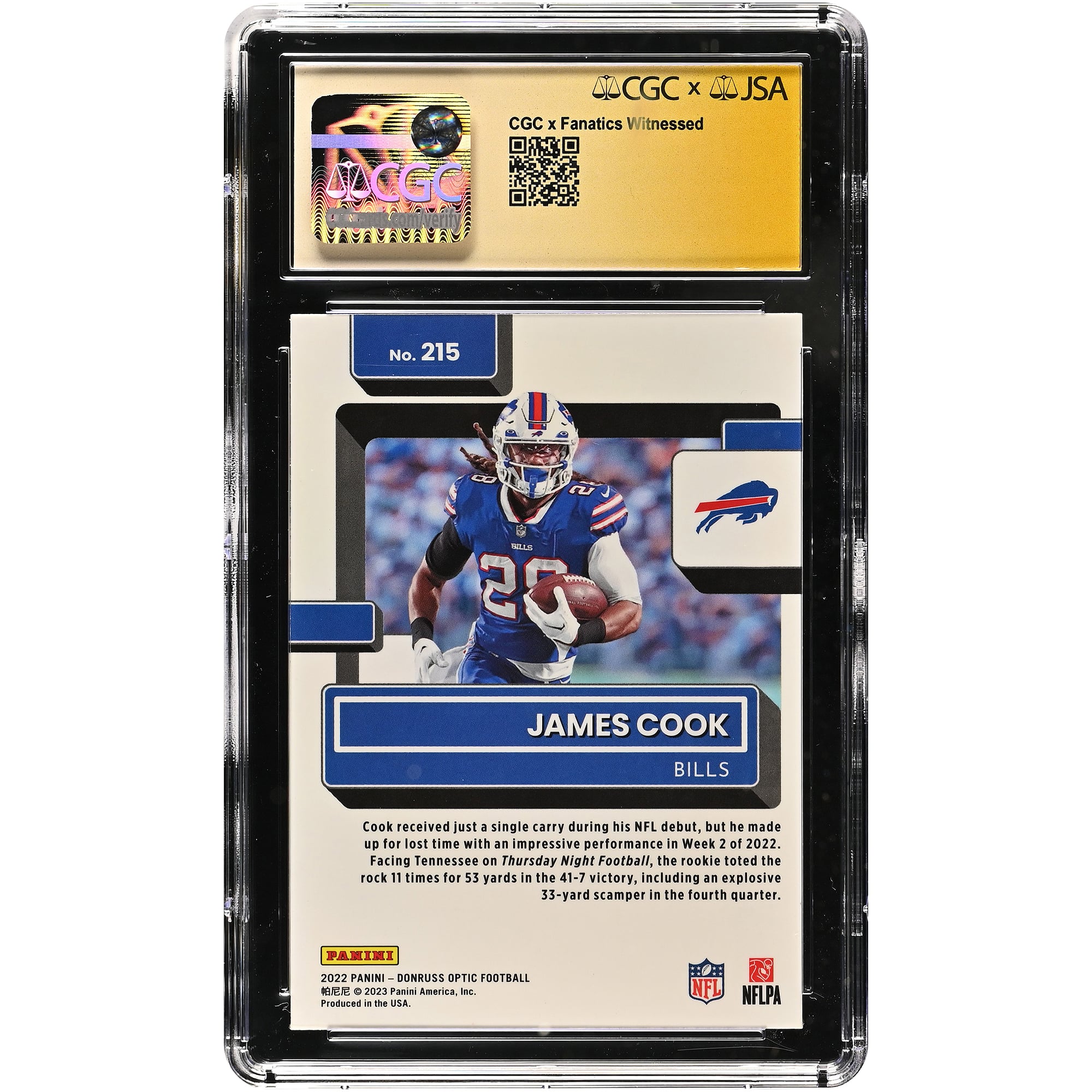 James Cook Buffalo Bills Autographed 2022 Donruss Optic #215 CGC Fanatics Witnessed Authenticated AUTO 10 Rookie Card