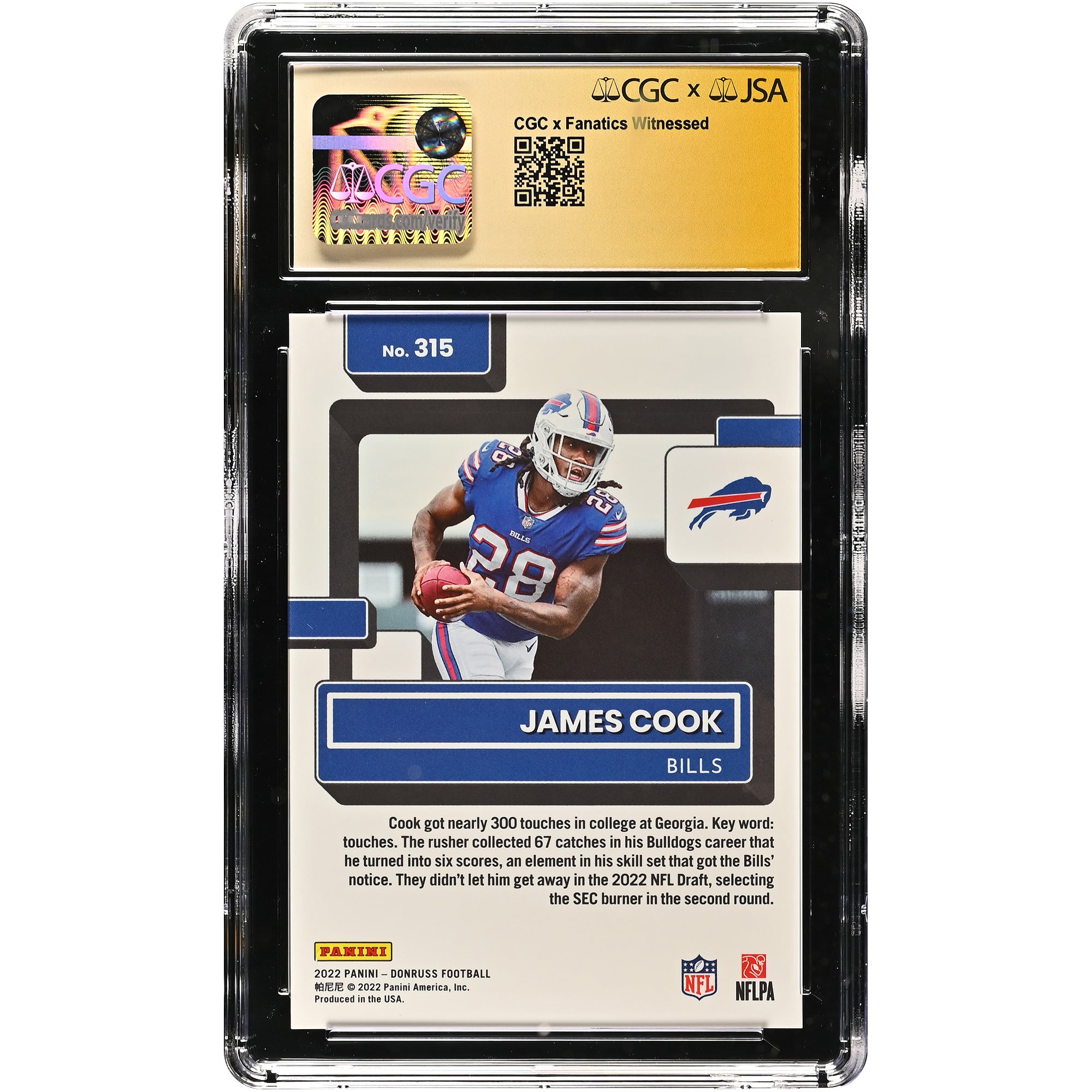 Carte de recrue James Cook Buffalo Bills autographiée, édition 2022 Donruss Press Proof Premium n° 315, authentifiée CGC Fanatics Witnessed (9/10).