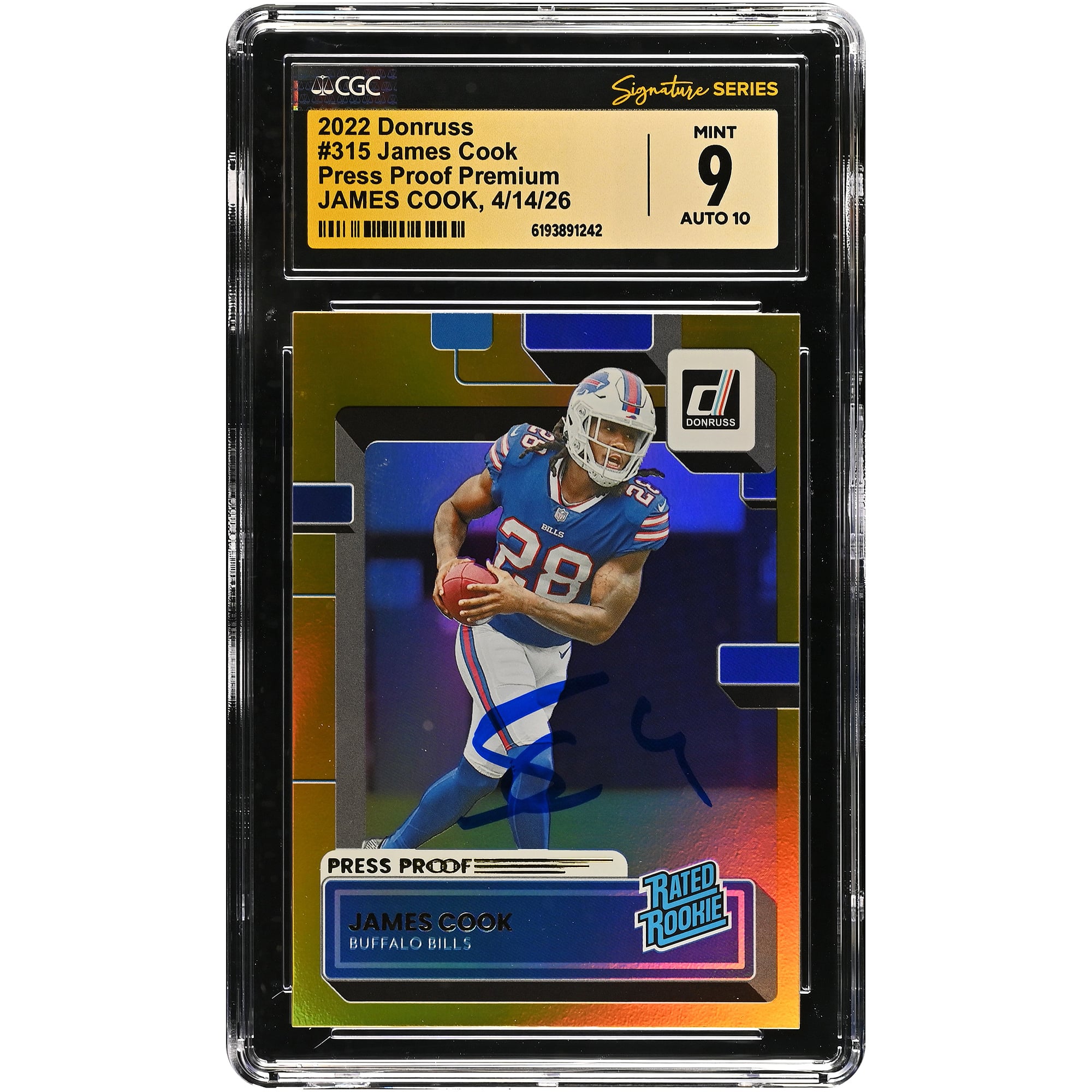 Carte de recrue James Cook Buffalo Bills autographiée, édition 2022 Donruss Press Proof Premium n° 315, authentifiée CGC Fanatics Witnessed (9/10).