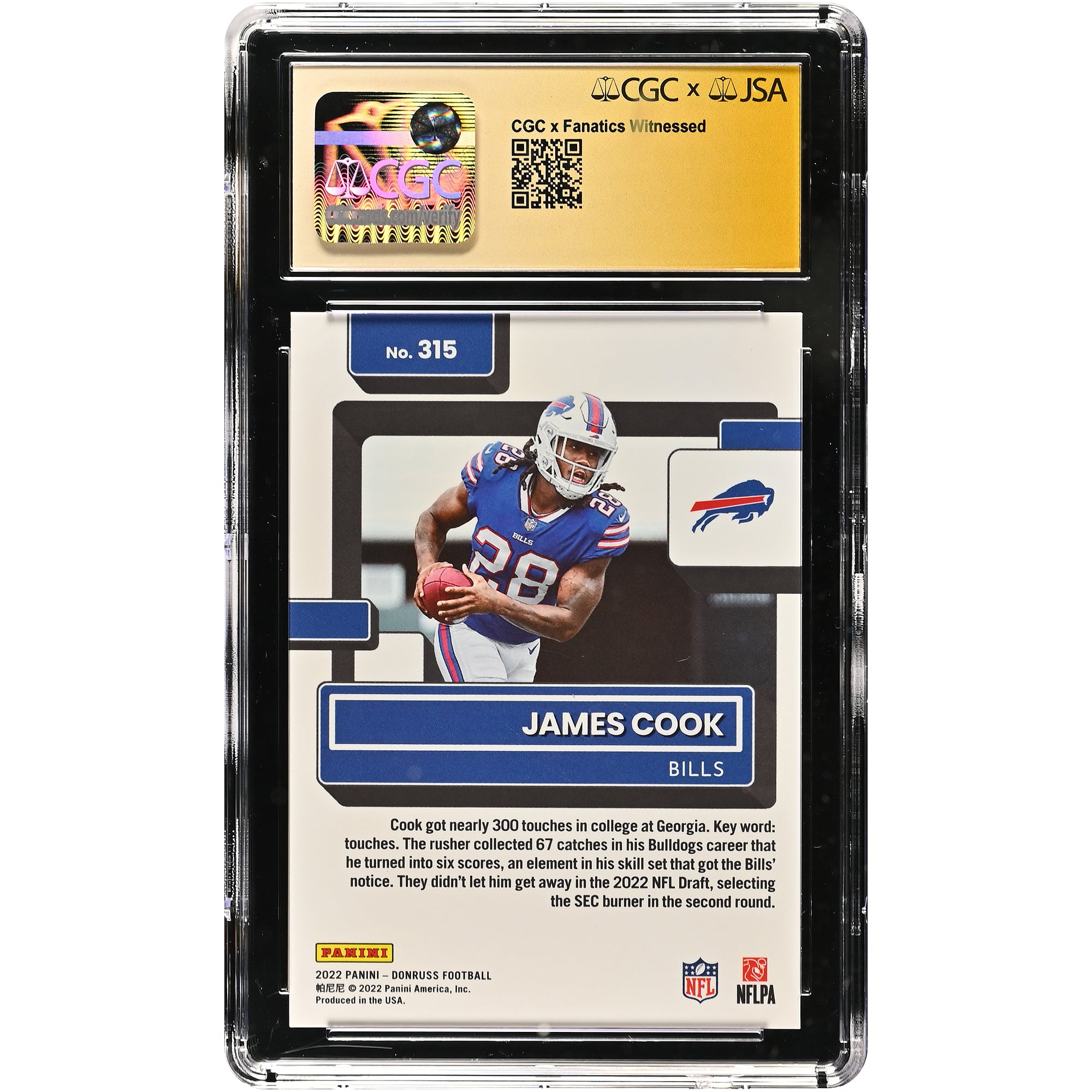 James Cook Buffalo Bills Autographed 2022 Donruss Press Proof Premium #315 CGC Fanatics Witnessed Authenticated /10 Rookie Card
