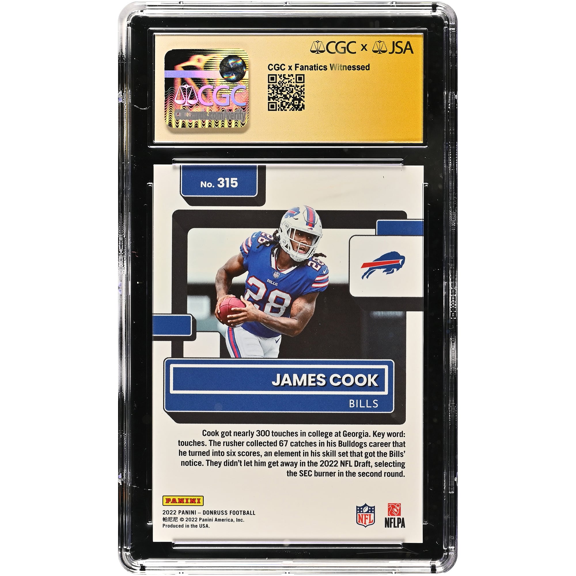 James Cook Buffalo Bills Autographed 2022 Donruss Press Proof Premium #315 CGC Fanatics Witnessed Authenticated AUTO 10 Rookie Card