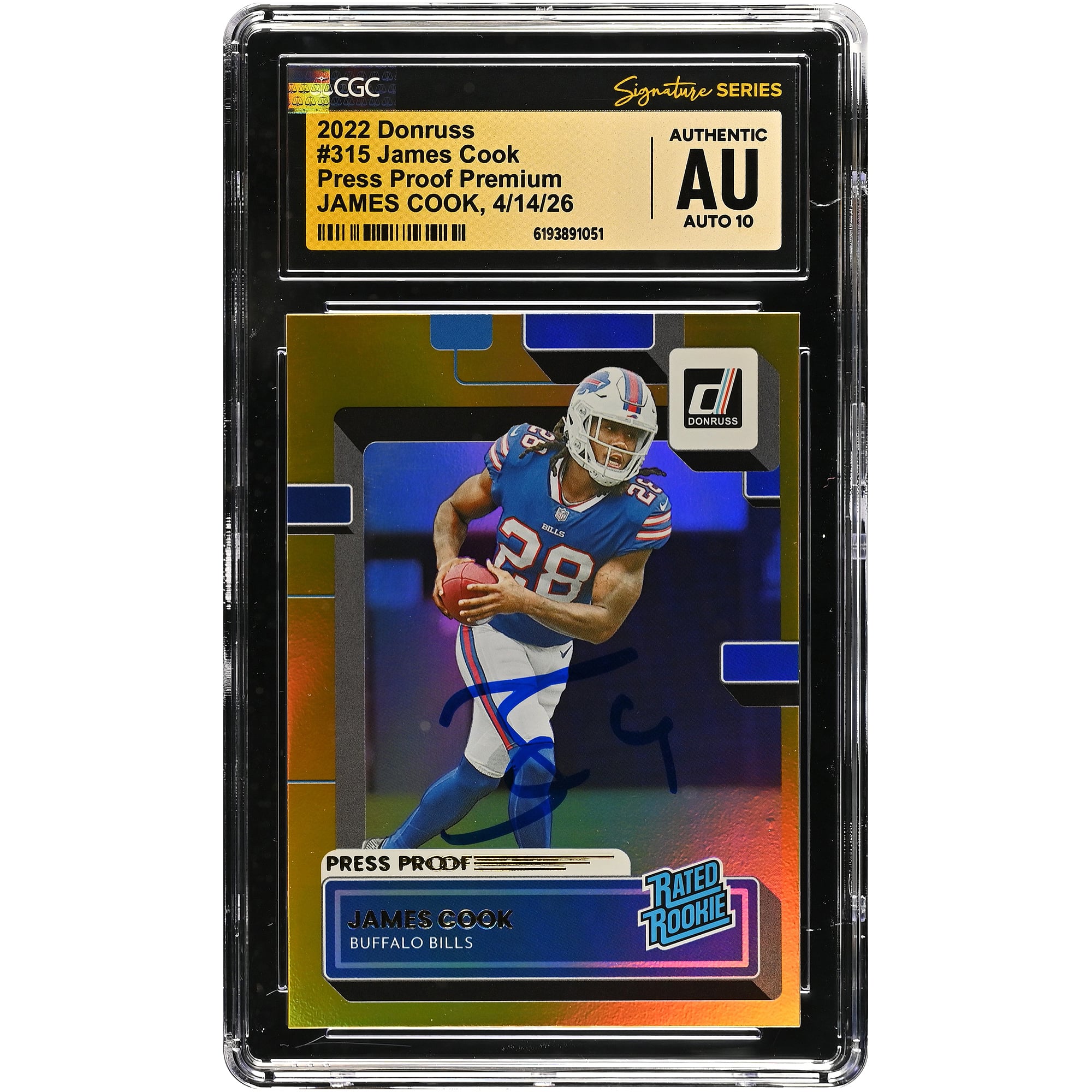 James Cook Buffalo Bills Autographed 2022 Donruss Press Proof Premium #315 CGC Fanatics Witnessed Authenticated AUTO 10 Rookie Card