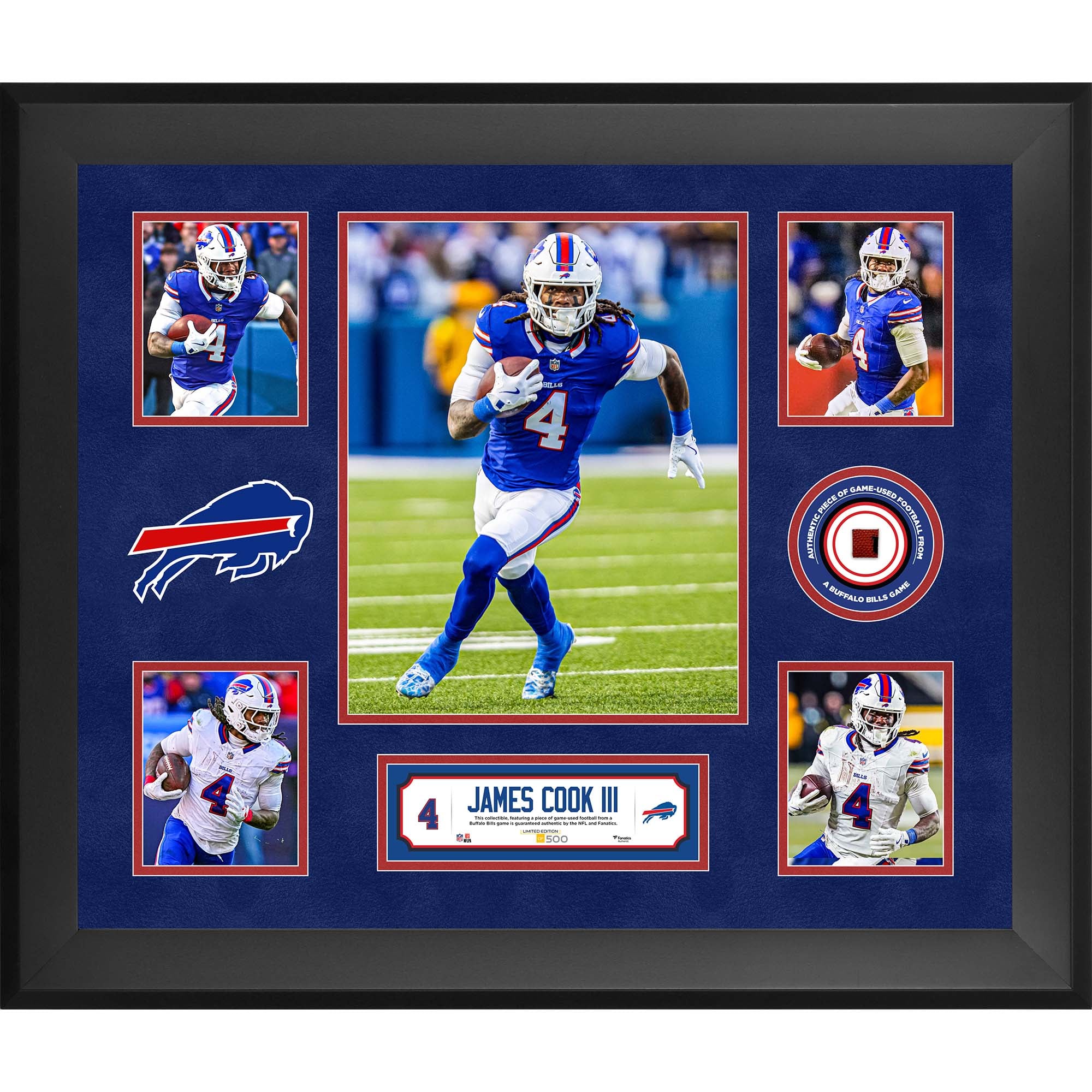 Collage encadré de 5 photos (51 x 61 cm) de James Cook III (Buffalo Bills) avec un morceau de ballon de football utilisé lors d'un match - Édition limitée à 500 exemplaires
