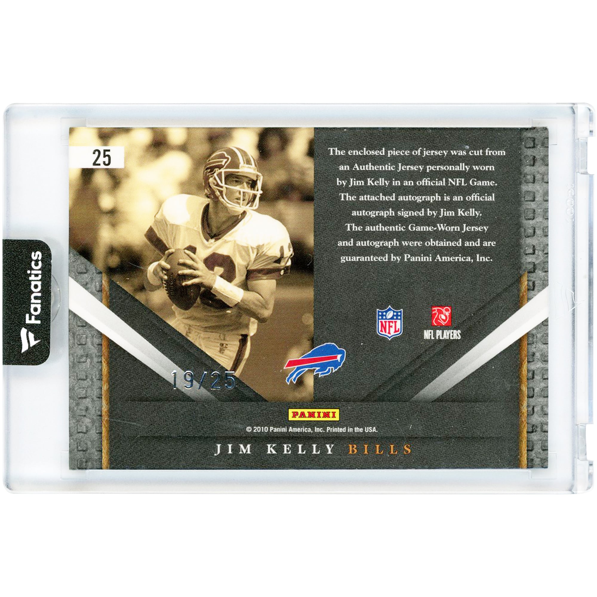 Jim Kelly Buffalo Bills Autographed 2010 Panini Leaf Limited Material Monikers Game Used Jersey Relic #25 #19/25 Card