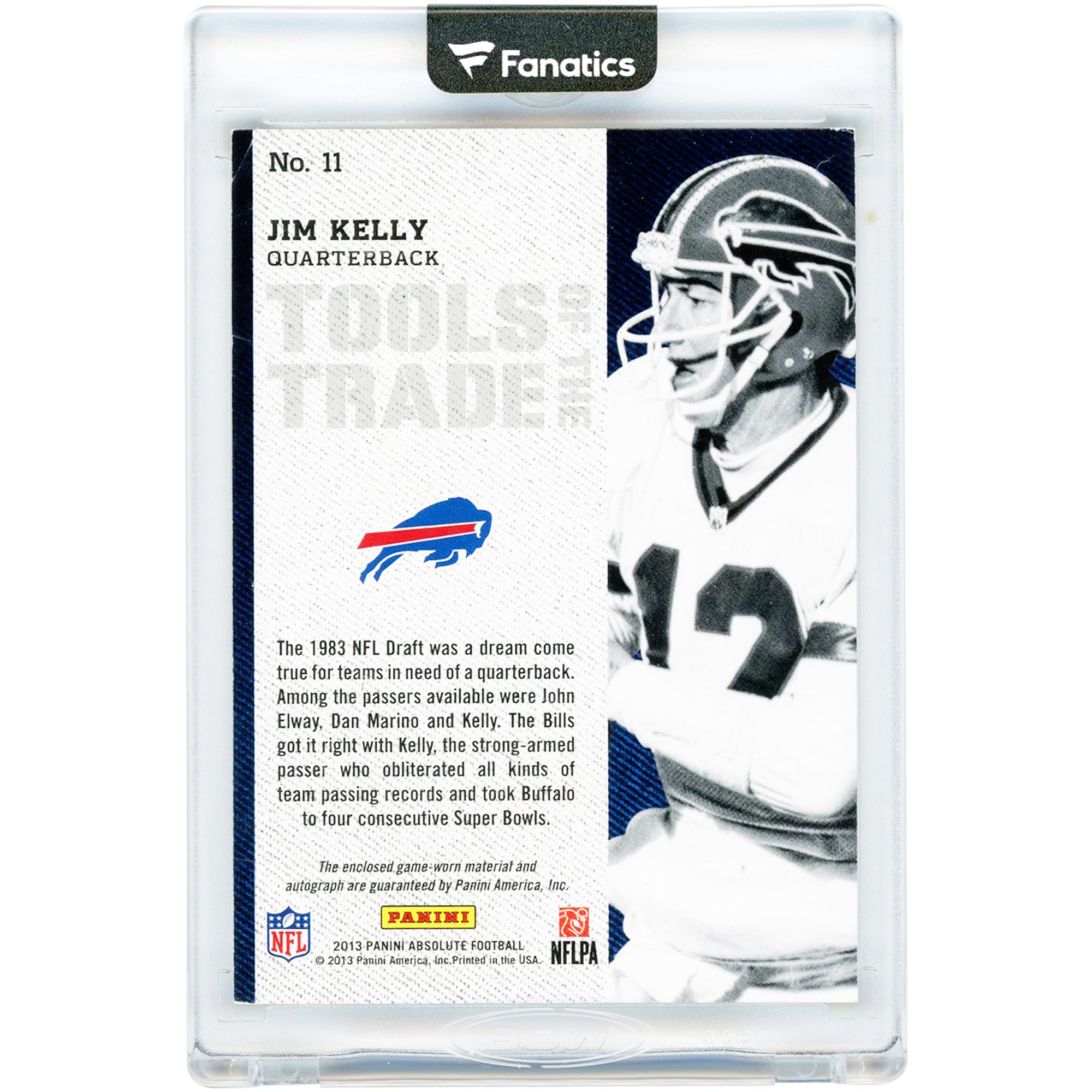 Jim Kelly Buffalo Bills Autographed 2013 Panini Absolute Tools Of The Trade Game Worn Face Mask Relics #11 #7/25 Card