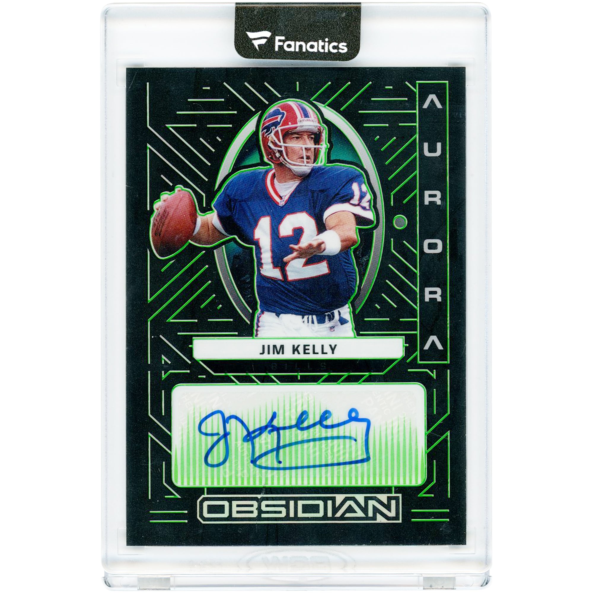 Carte autographiée de Jim Kelly (Buffalo Bills) 2022 Panini Obsidian Aurora Green #AA-JKE # 11