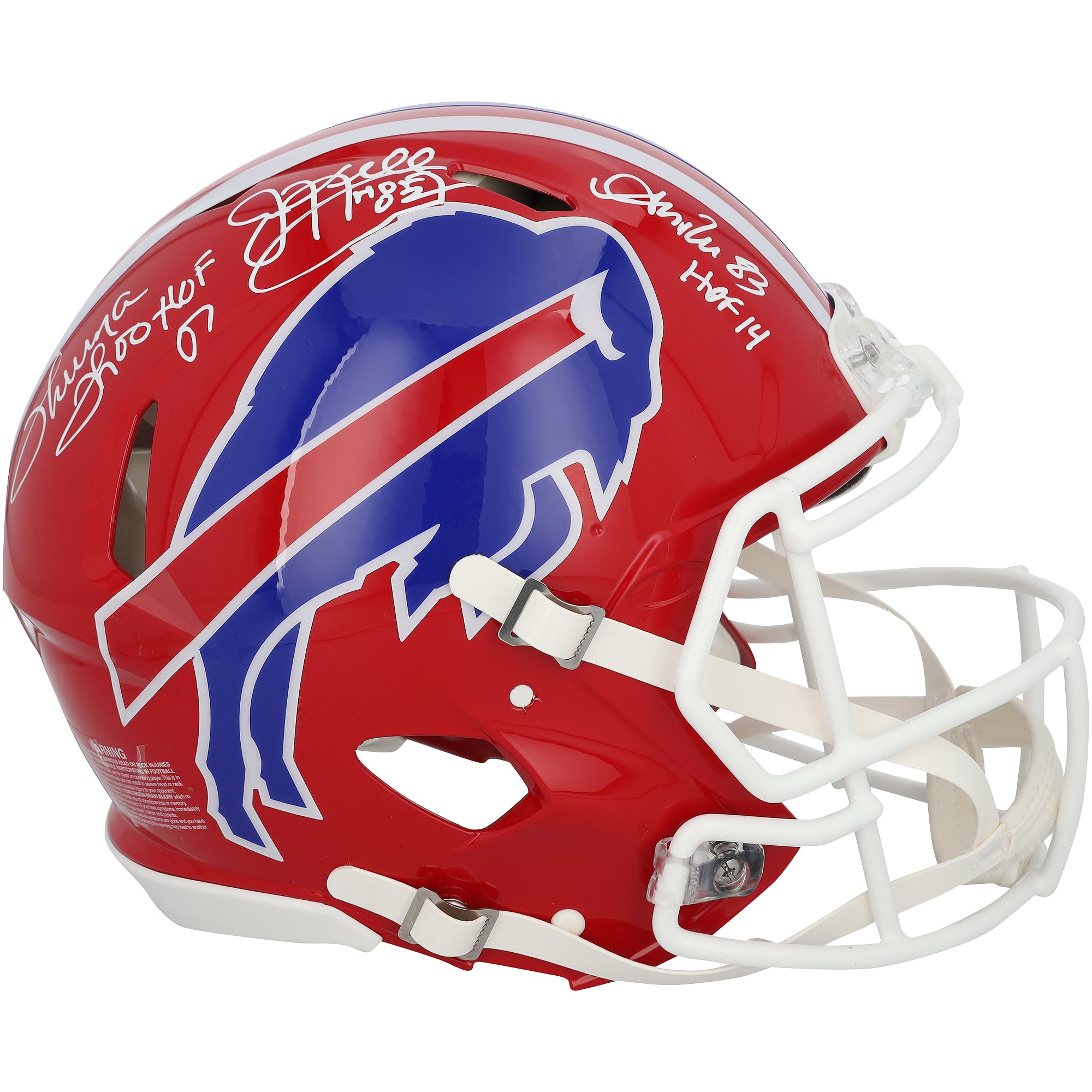 Casque Riddell authentique rétro Speed ​​1987-2001, signé par Jim Kelly, Thurman Thomas et Andre Reed des Buffalo Bills, avec plusieurs inscriptions.