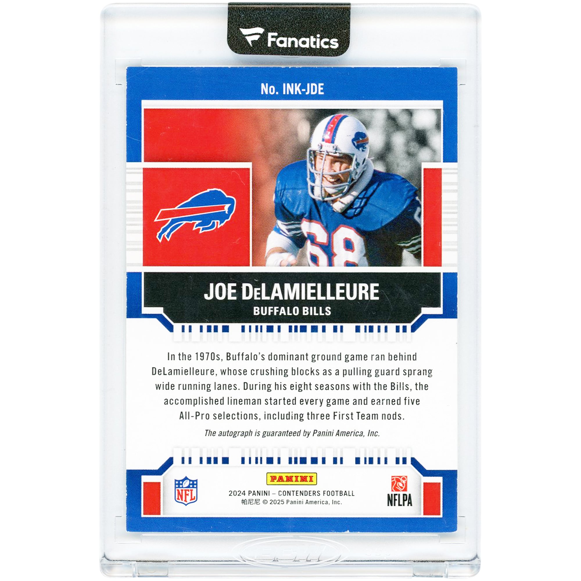 Carte autographiée de Joe Delamielleure (Buffalo Bills) - Collection Panini Contenders NFL Ink 2024 #INK-JDE #1/99