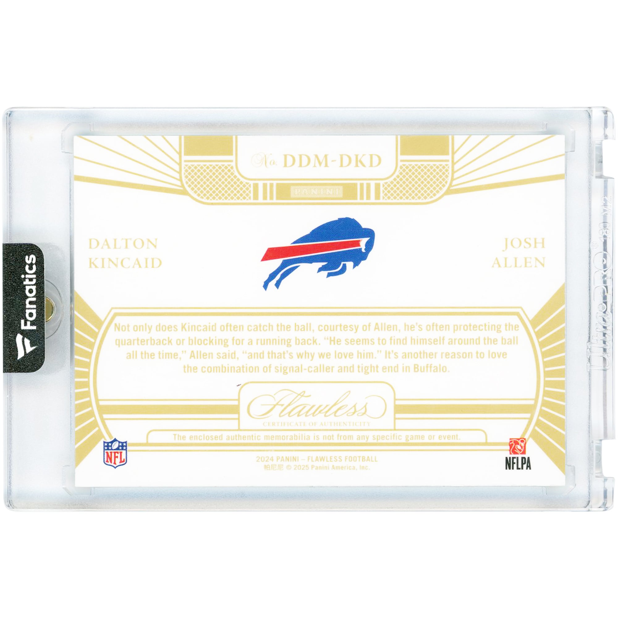 Josh Allen & Dalton Kincaid Buffalo Bills 2024 Panini Flawless Dual Nike Swoosh Relics Platinum #DDM-DKD #1/1 Card