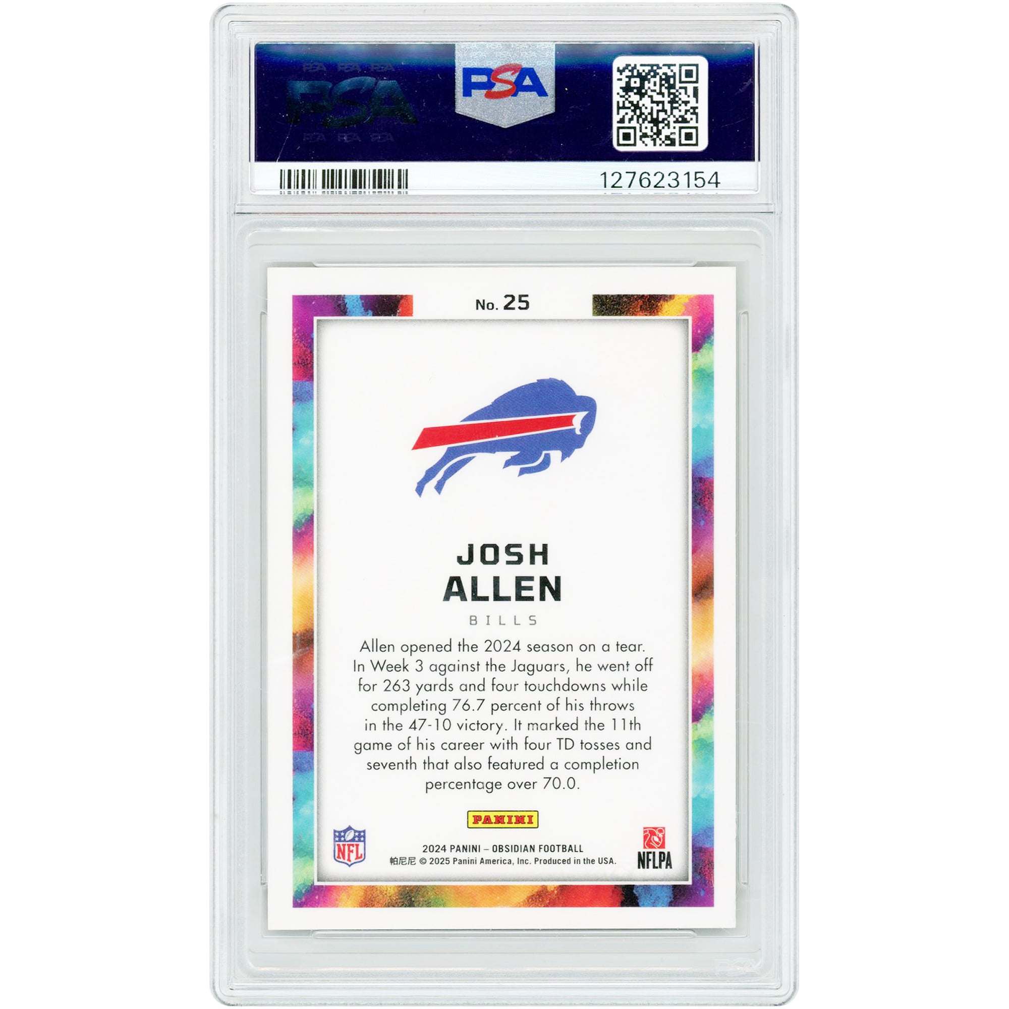 Carte Josh Allen Buffalo Bills 2024 Panini Obsidian Black Color Blast n° 25 authentifiée PSA 9