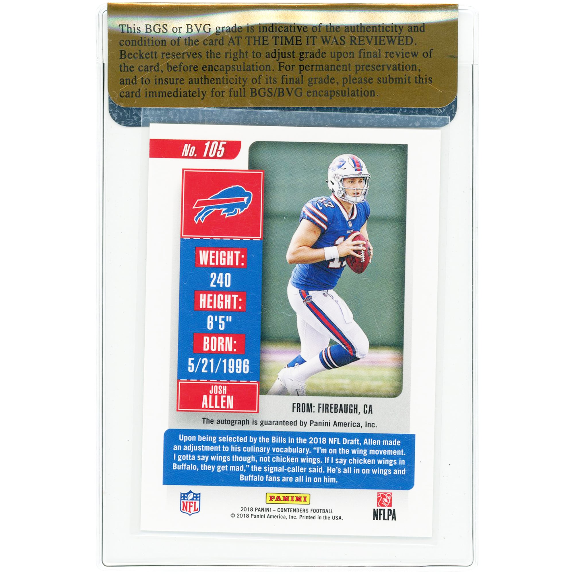 Josh Allen Buffalo Bills Autographed 2018 Panini Contenders Rookie Ticket #105 BGS Authenticated 8/10 Rookie Card