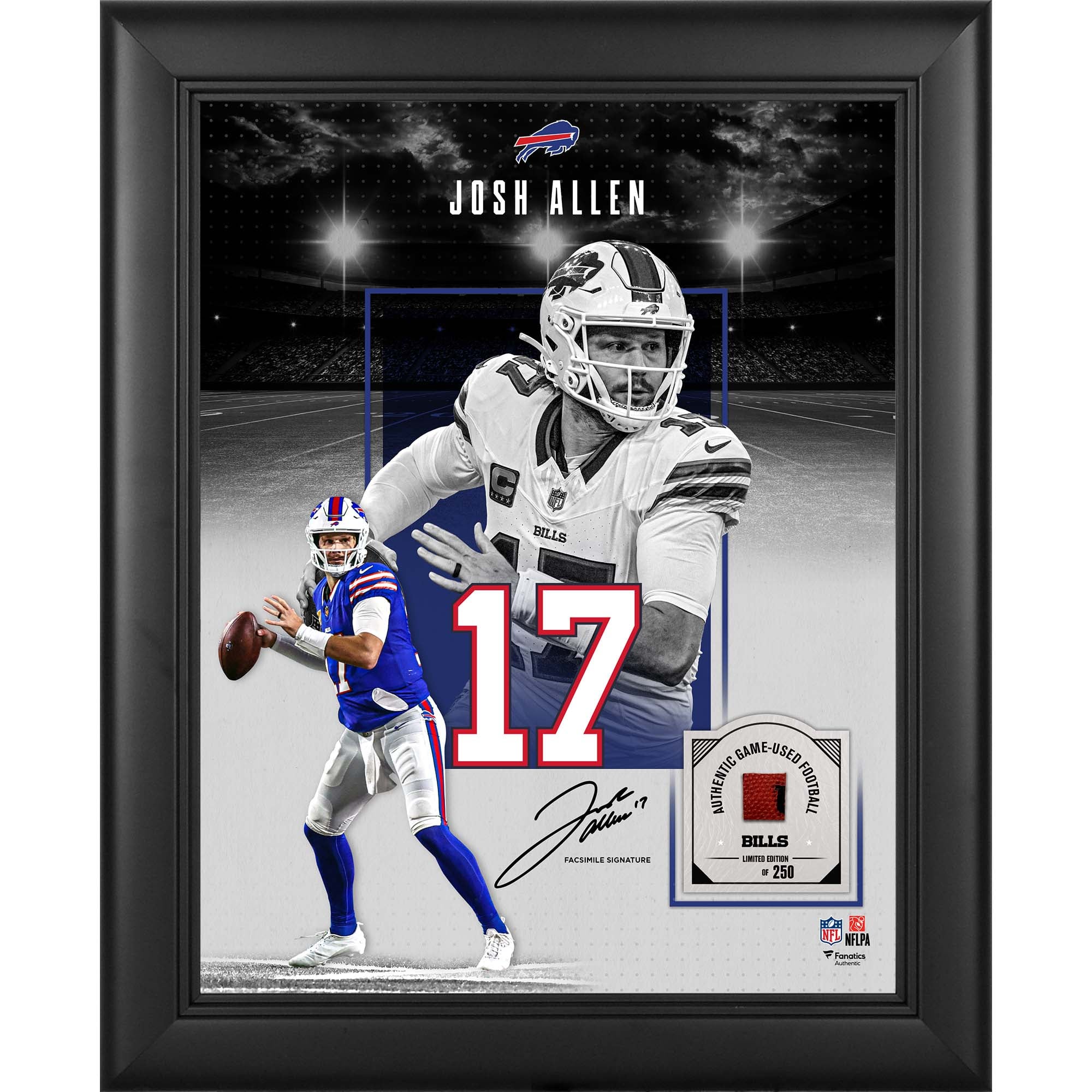 Collage encadré 11" x 14" avec la signature fac-similé de Josh Allen (Buffalo Bills) et un morceau de ballon de football américain utilisé en match - Édition limitée à 250 exemplaires