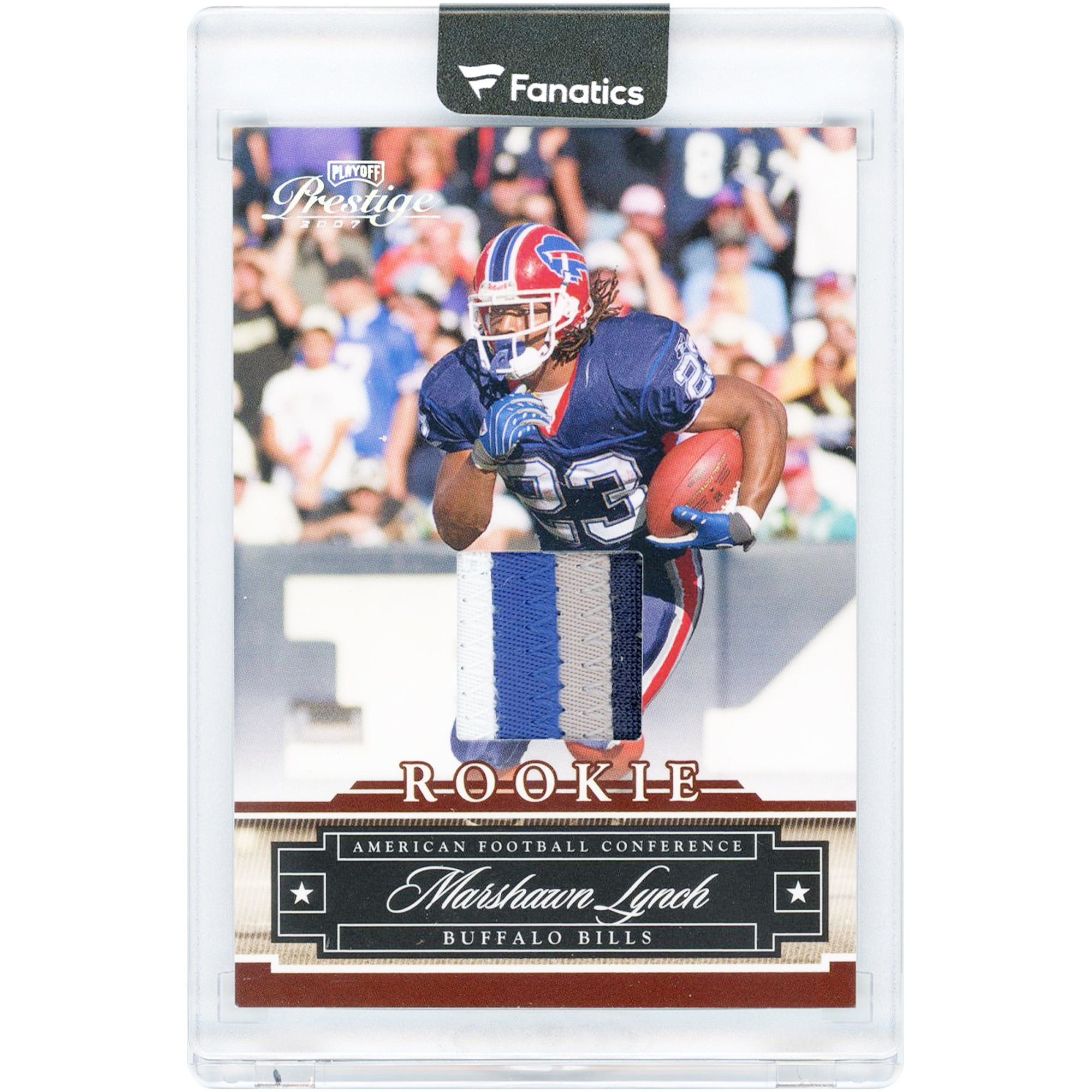 Carte de recrue Marshawn Lynch Buffalo Bills 2007 Playoff Prestige Premier Quad-Color Jersey Relic #156 #3/100