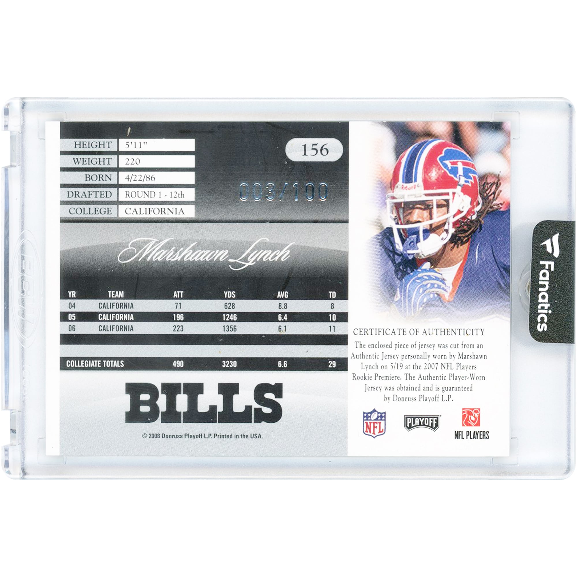 Carte de recrue Marshawn Lynch Buffalo Bills 2007 Playoff Prestige Premier Quad-Color Jersey Relic #156 #3/100