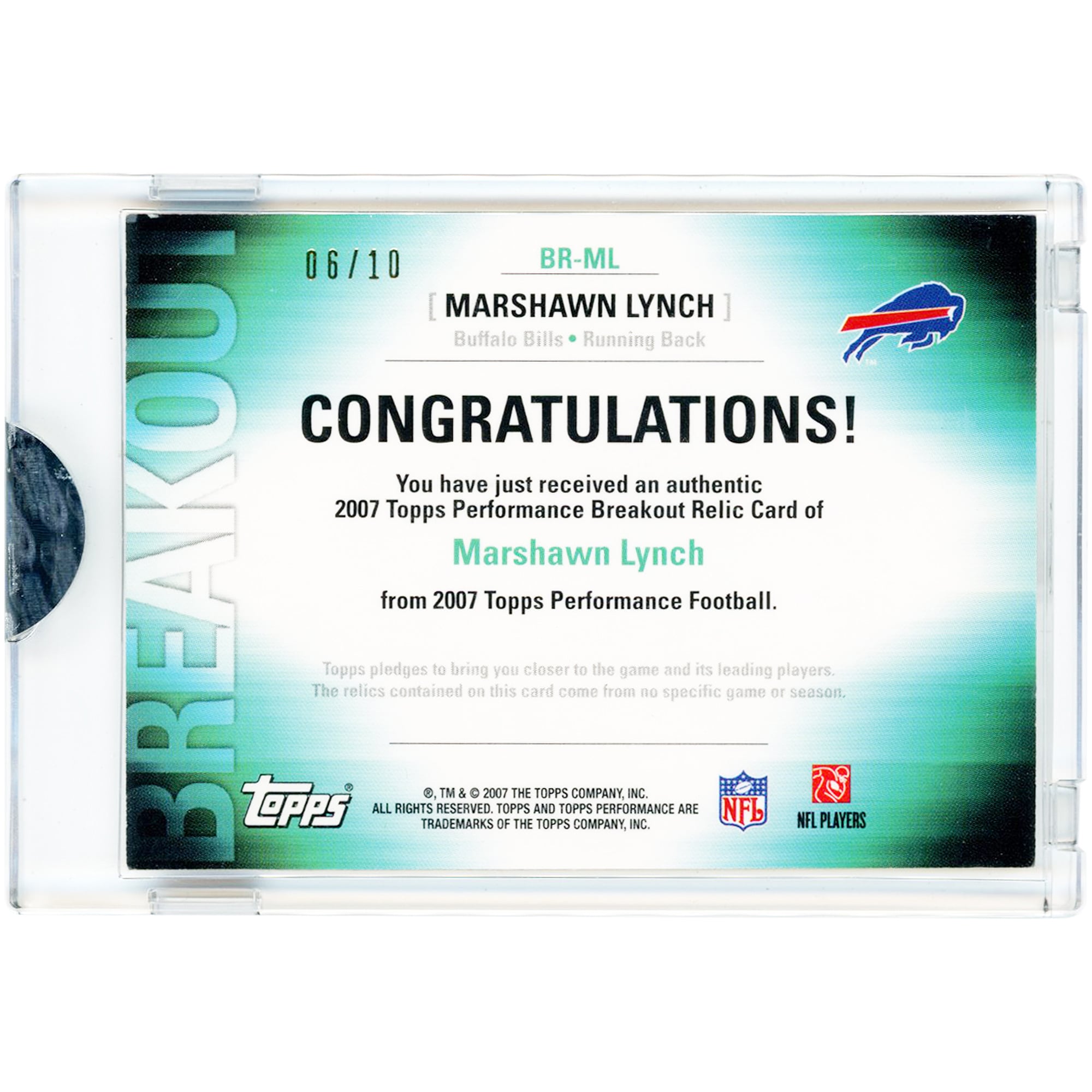 Carte de collection Marshawn Lynch Buffalo Bills 2007 Topps Performance Breakout Game Used Jersey Relic #BR-ML #6/10