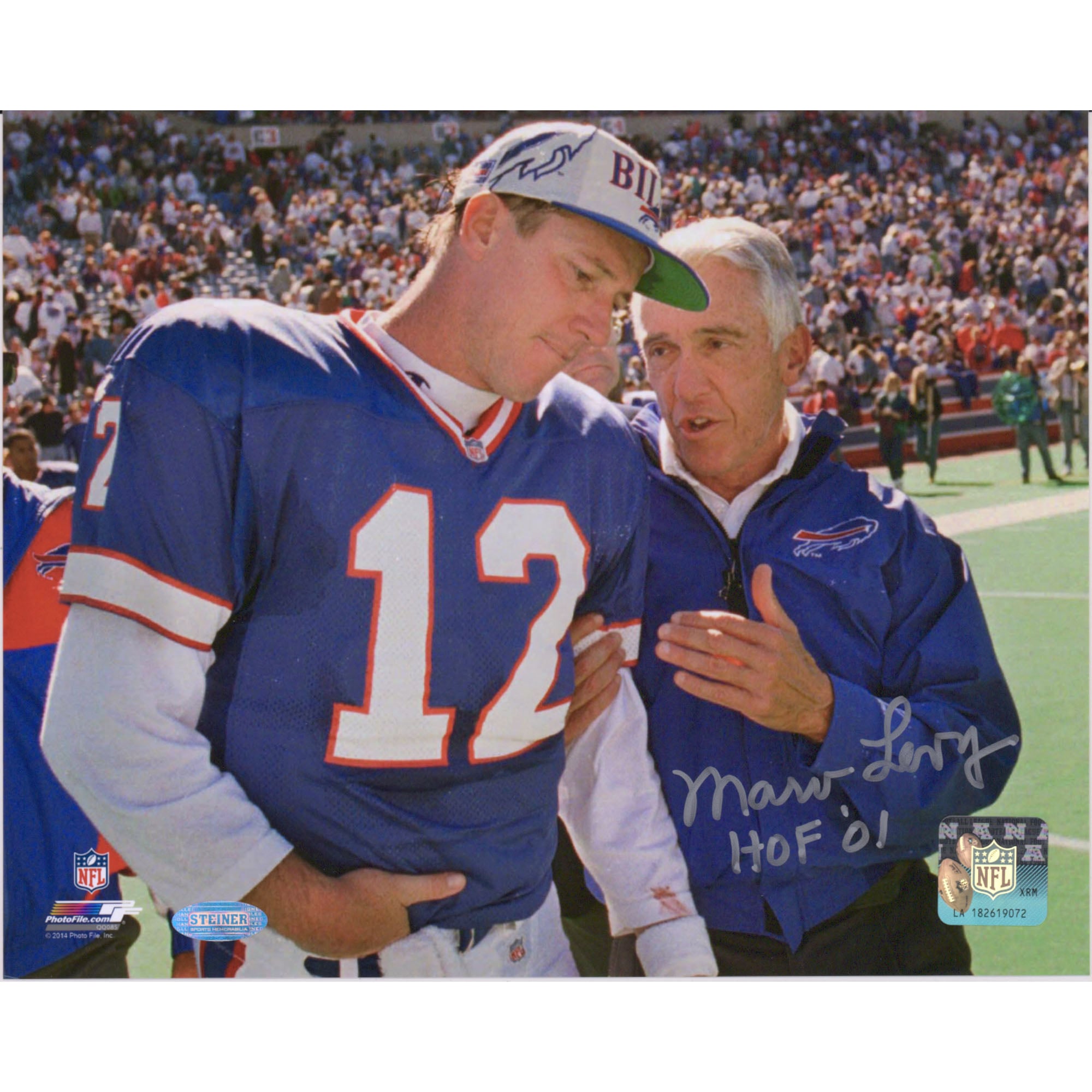 Marv Levy Buffalo Bills Autographed 8" x 10" Talking to Kelly Photograph with "HOF 01" Inscription
