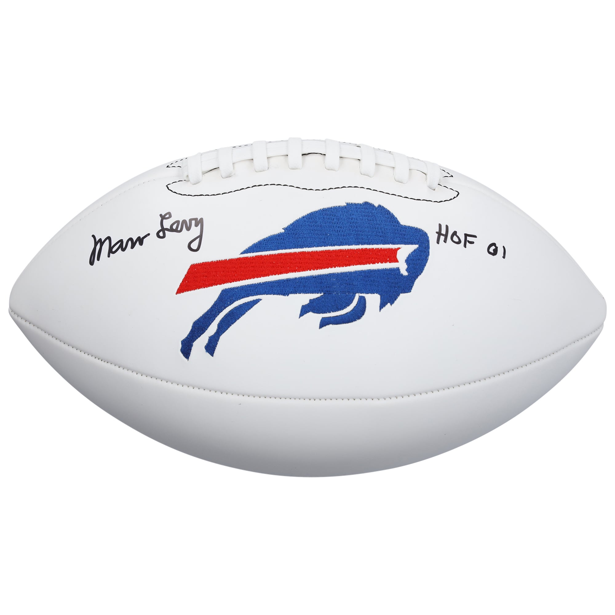Ballon de football Wilson White Panel autographié par Marv Levy des Buffalo Bills avec inscription « HOF 01 »