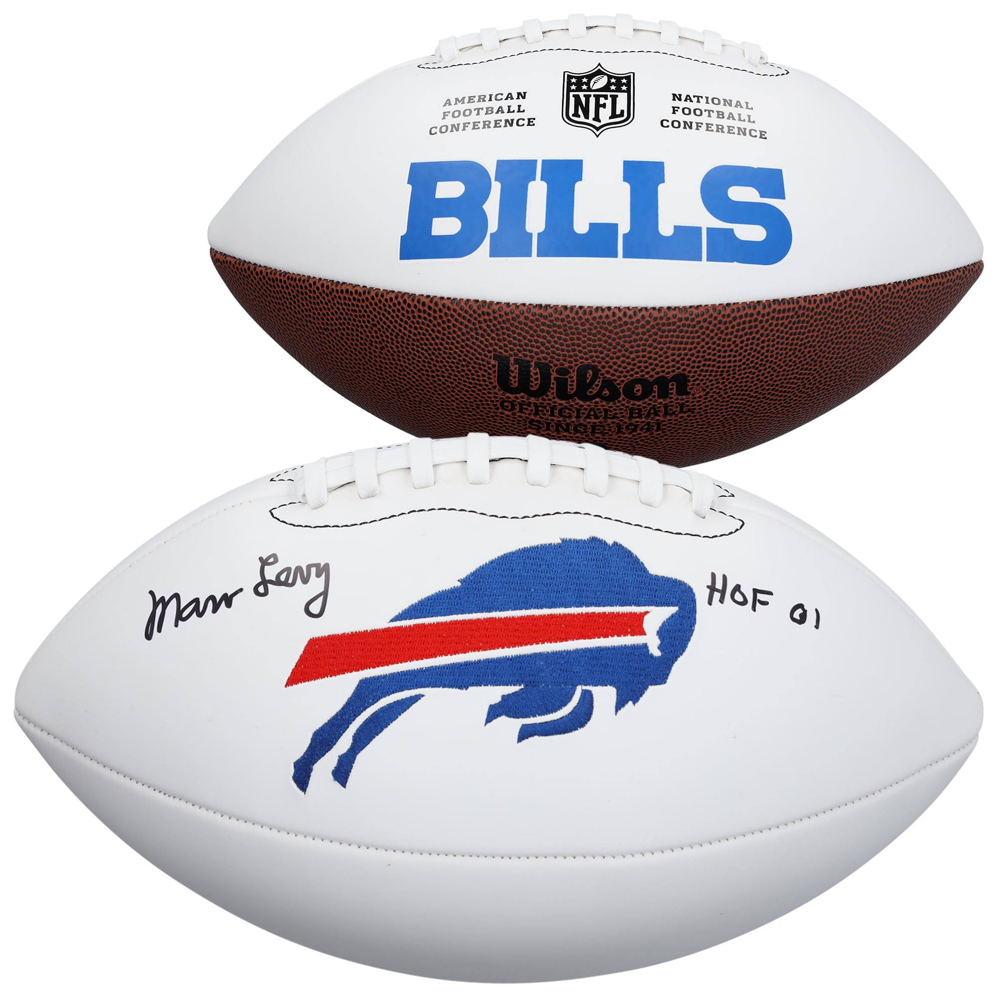 Ballon de football Wilson White Panel autographié par Marv Levy des Buffalo Bills avec inscription « HOF 01 »