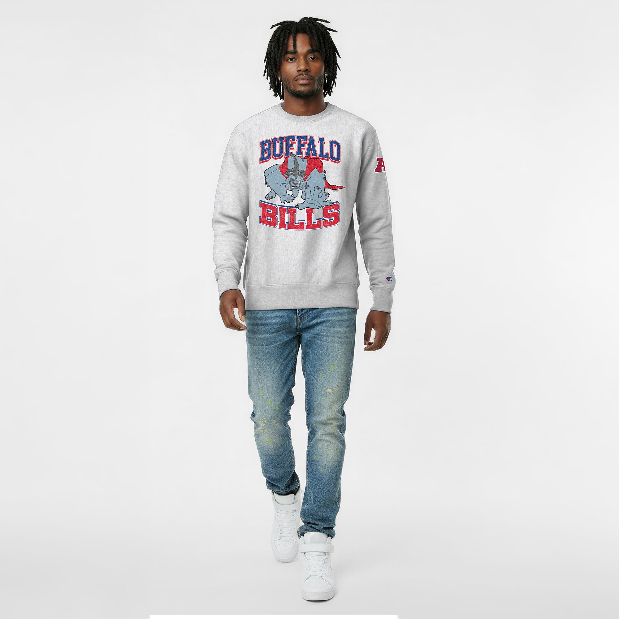 Men's Disney x Champion Heather Gray Buffalo Bills Beast Reverse Weave Sweatshirt