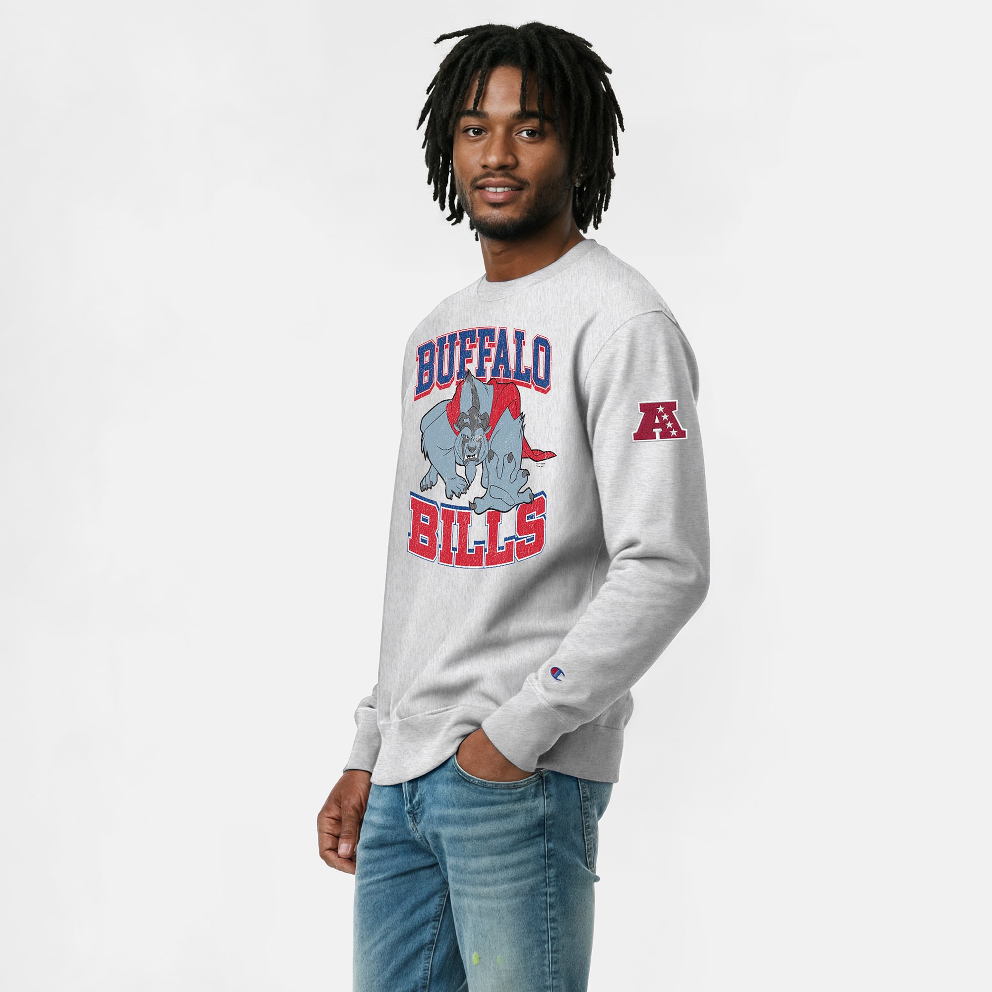 Men's Disney x Champion Heather Gray Buffalo Bills Beast Reverse Weave Sweatshirt
