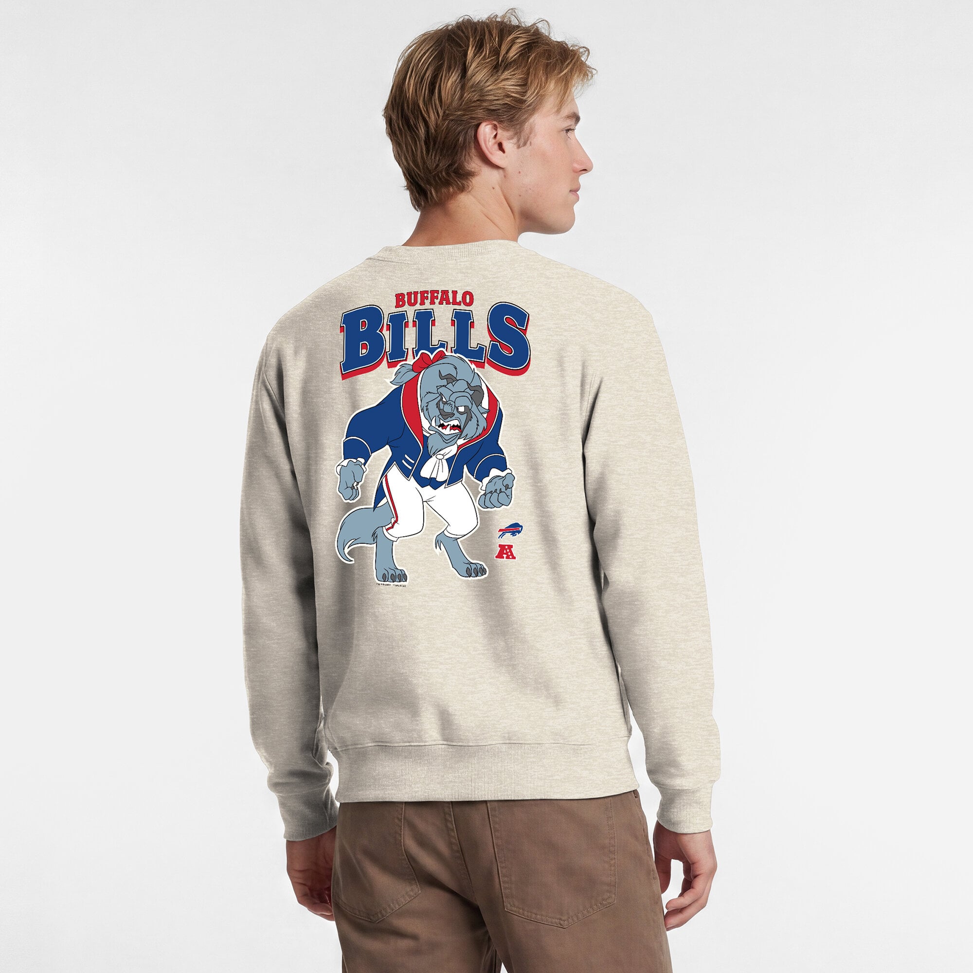 Men's Disney x Champion  Oatmeal Buffalo Bills Powerblend Left Chest Fullback Crew Sweatshirt