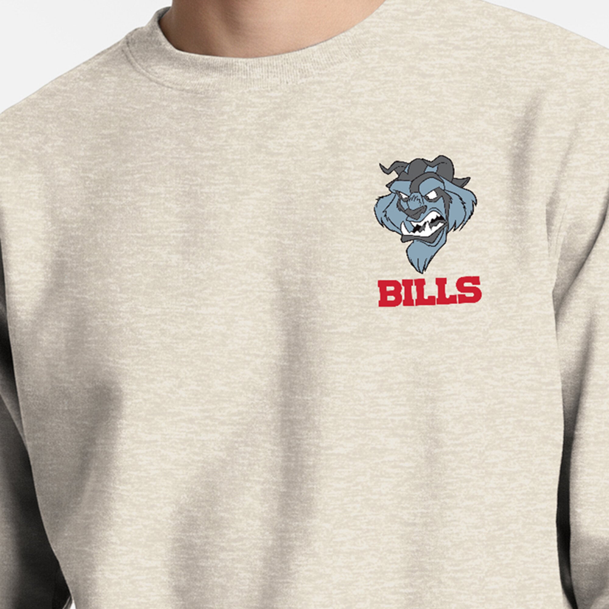 Men's Disney x Champion  Oatmeal Buffalo Bills Powerblend Left Chest Fullback Crew Sweatshirt