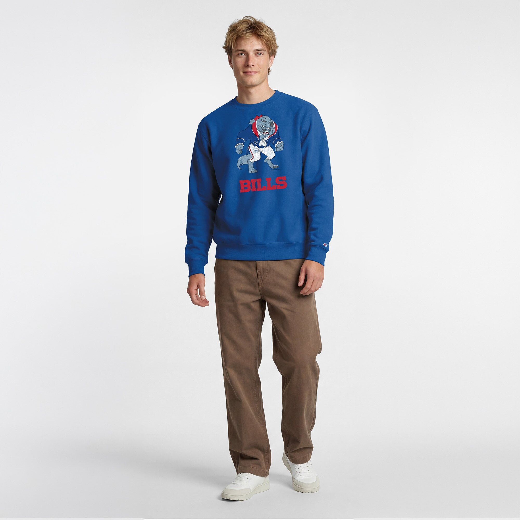 Men's Disney x Champion Royal Buffalo Bills Beast Powerblend Sweatshirt