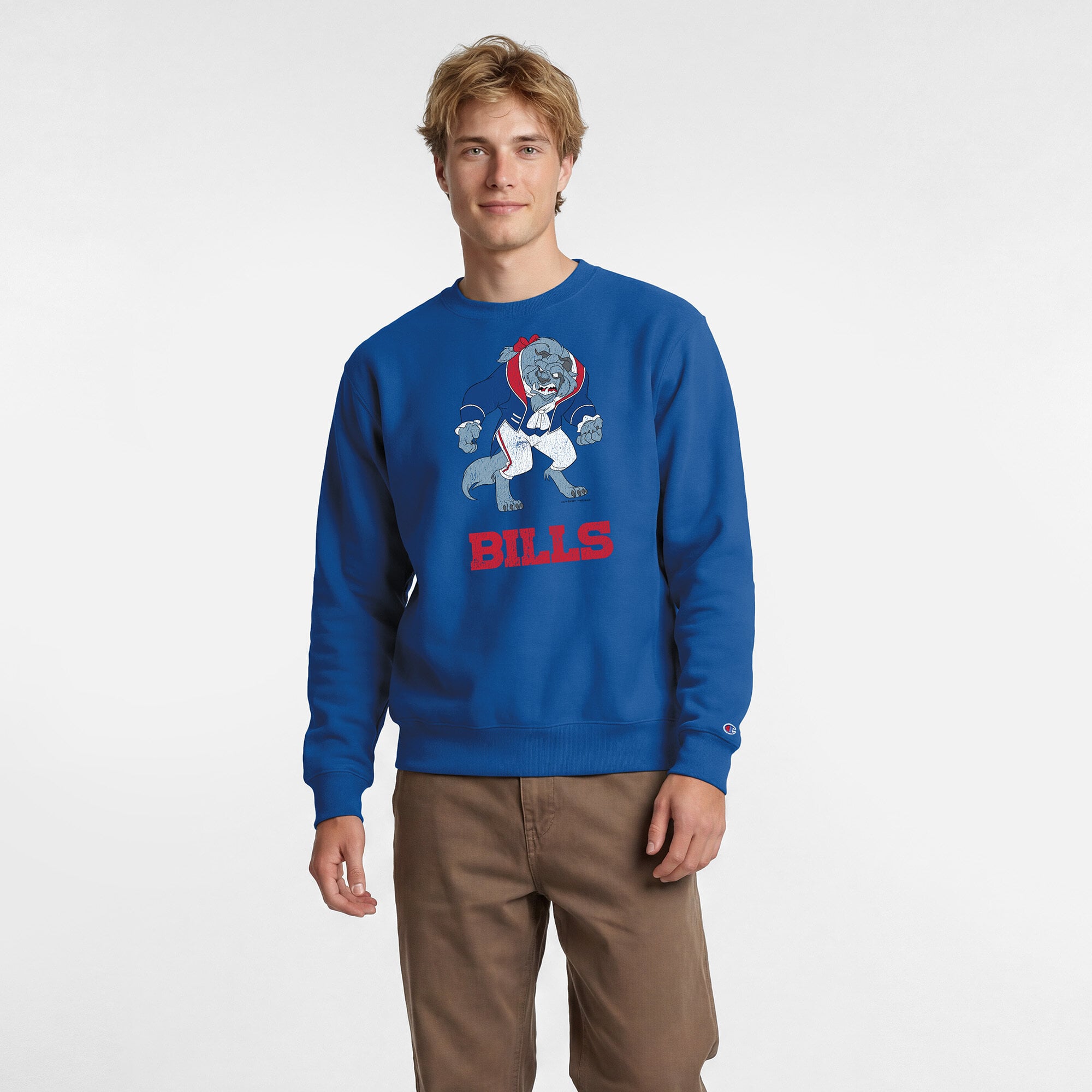 Men's Disney x Champion Royal Buffalo Bills Beast Powerblend Sweatshirt